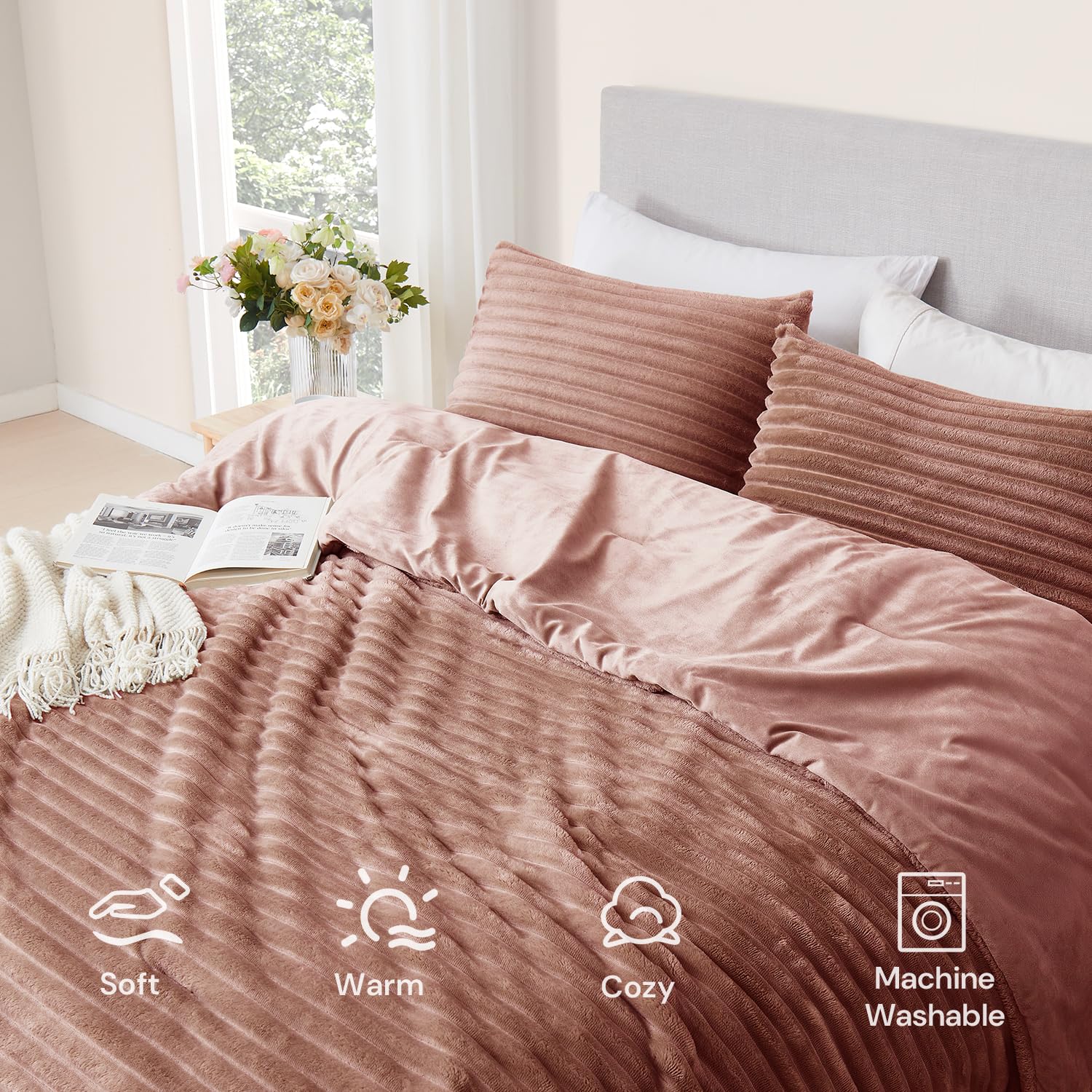 Fluffy Striped Plush Comforter Set – Reversible Design, Warm & Soft Bedding Set