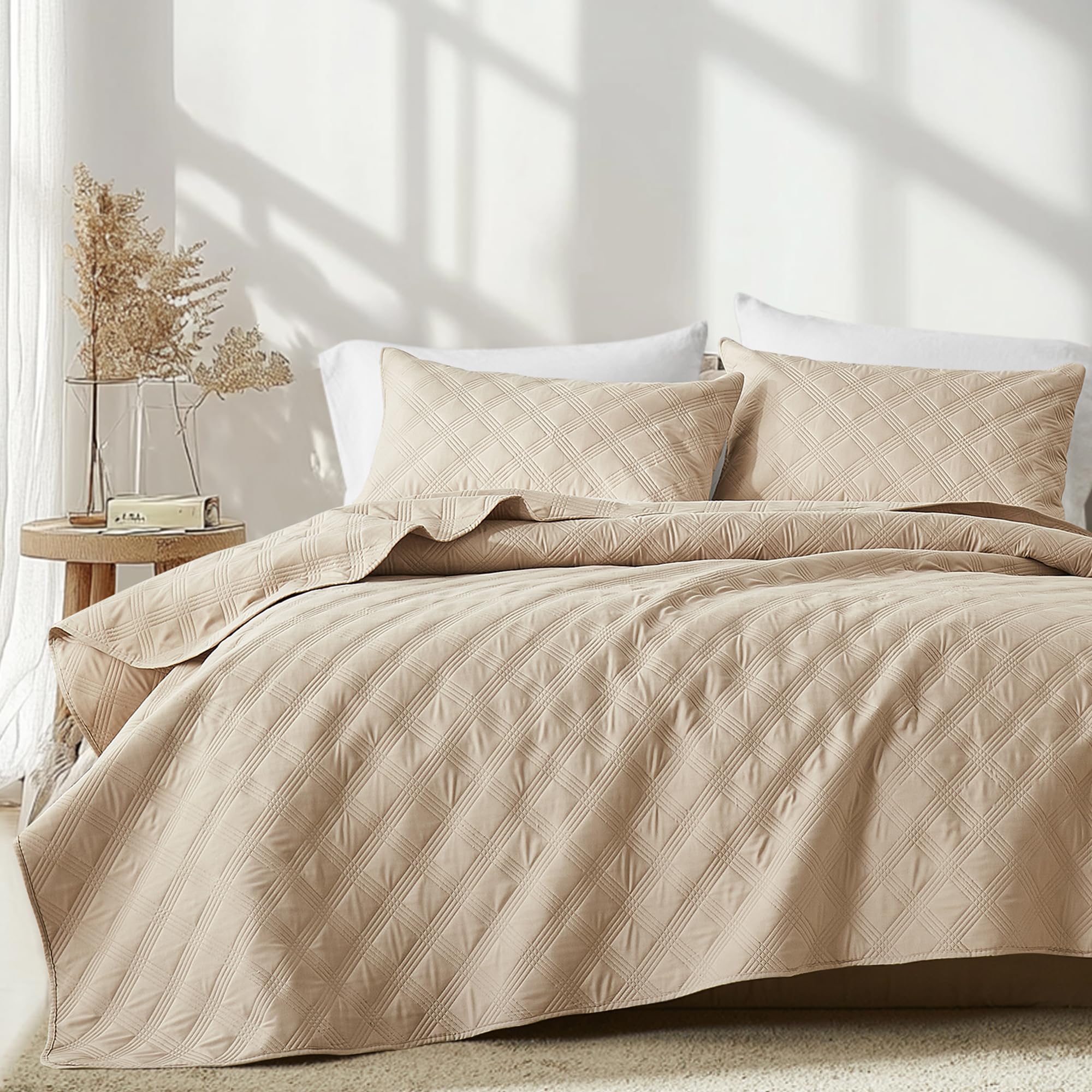 Microfiber Quilted Bedspread Set – Classic Diamond Ultrasonic Embossing, 3-Piece Soft & Breathable Bedspread Set