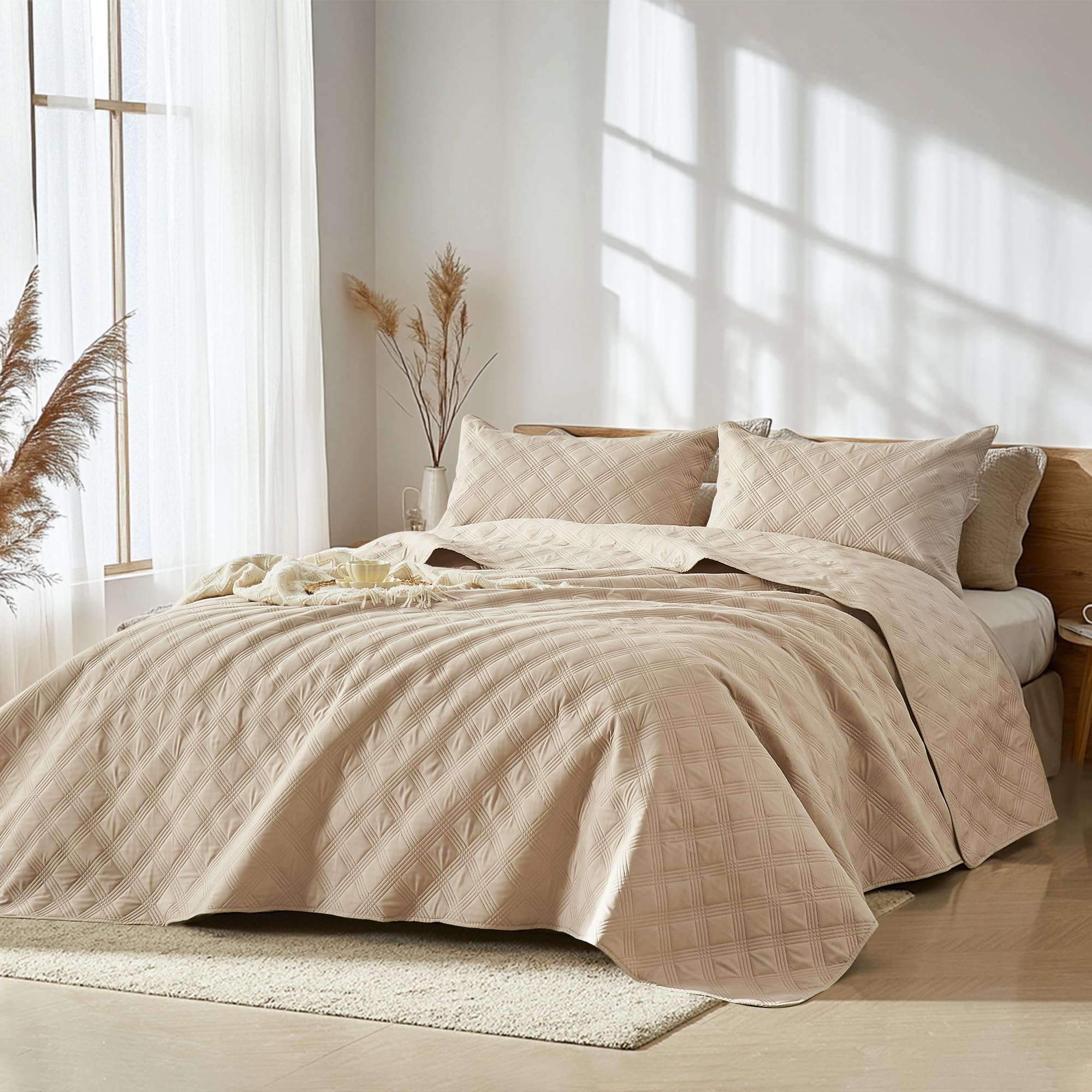 Microfiber Quilted Bedspread Set – Classic Diamond Ultrasonic Embossing, 3-Piece Soft & Breathable Bedspread Set