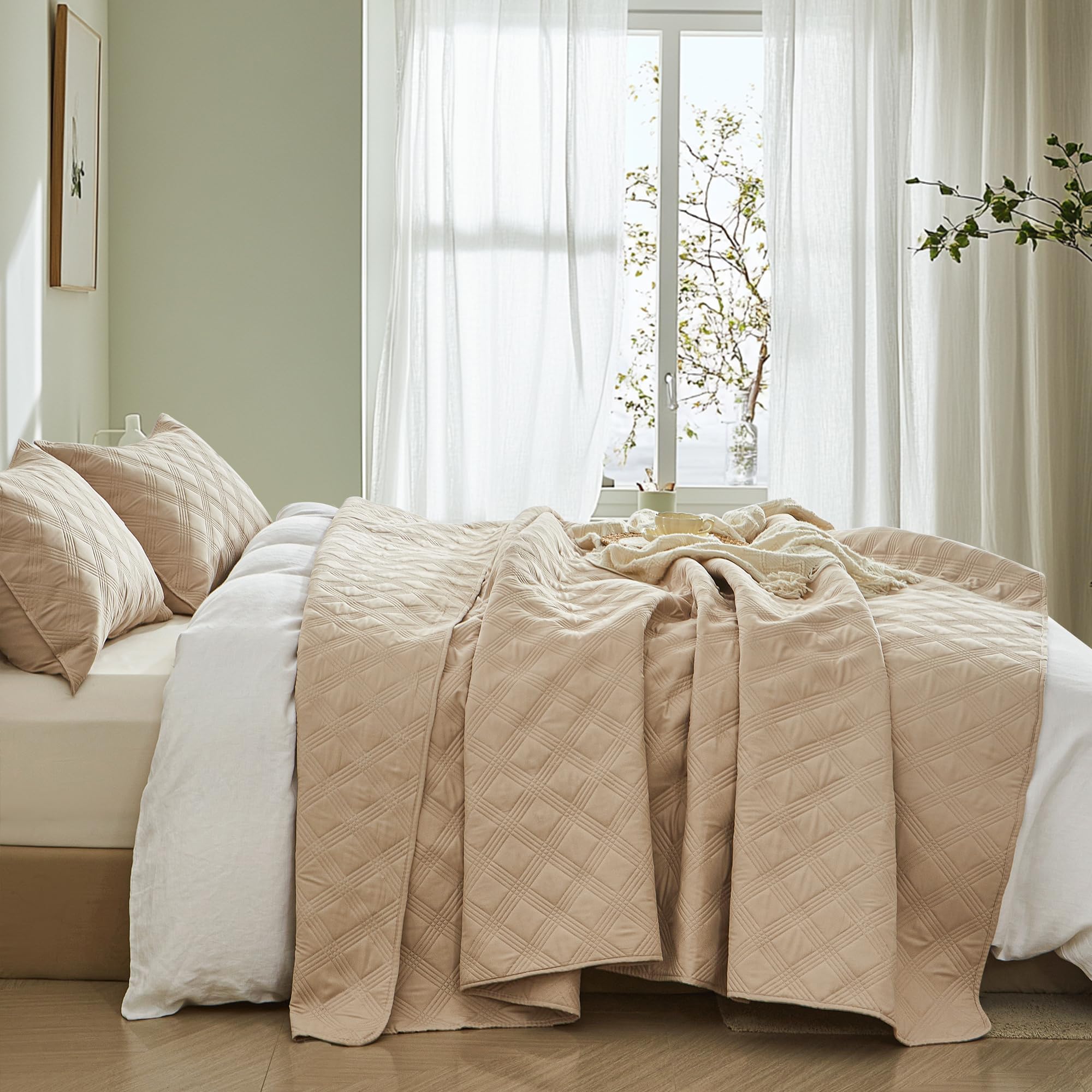 Microfiber Quilted Bedspread Set – Classic Diamond Ultrasonic Embossing, 3-Piece Soft & Breathable Bedspread Set