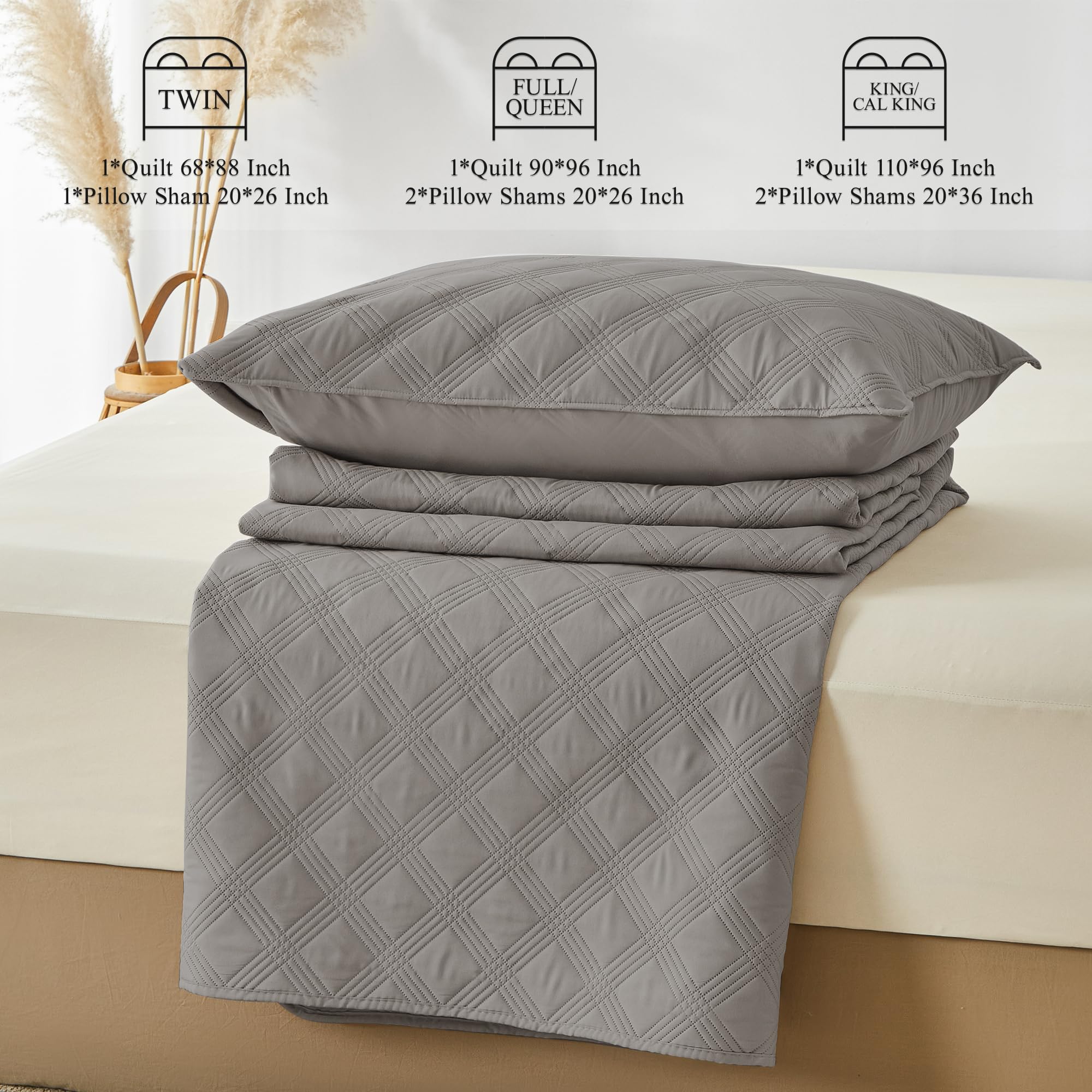 Microfiber Quilted Bedspread Set – Classic Diamond Ultrasonic Embossing, 3-Piece Soft & Breathable Bedspread Set
