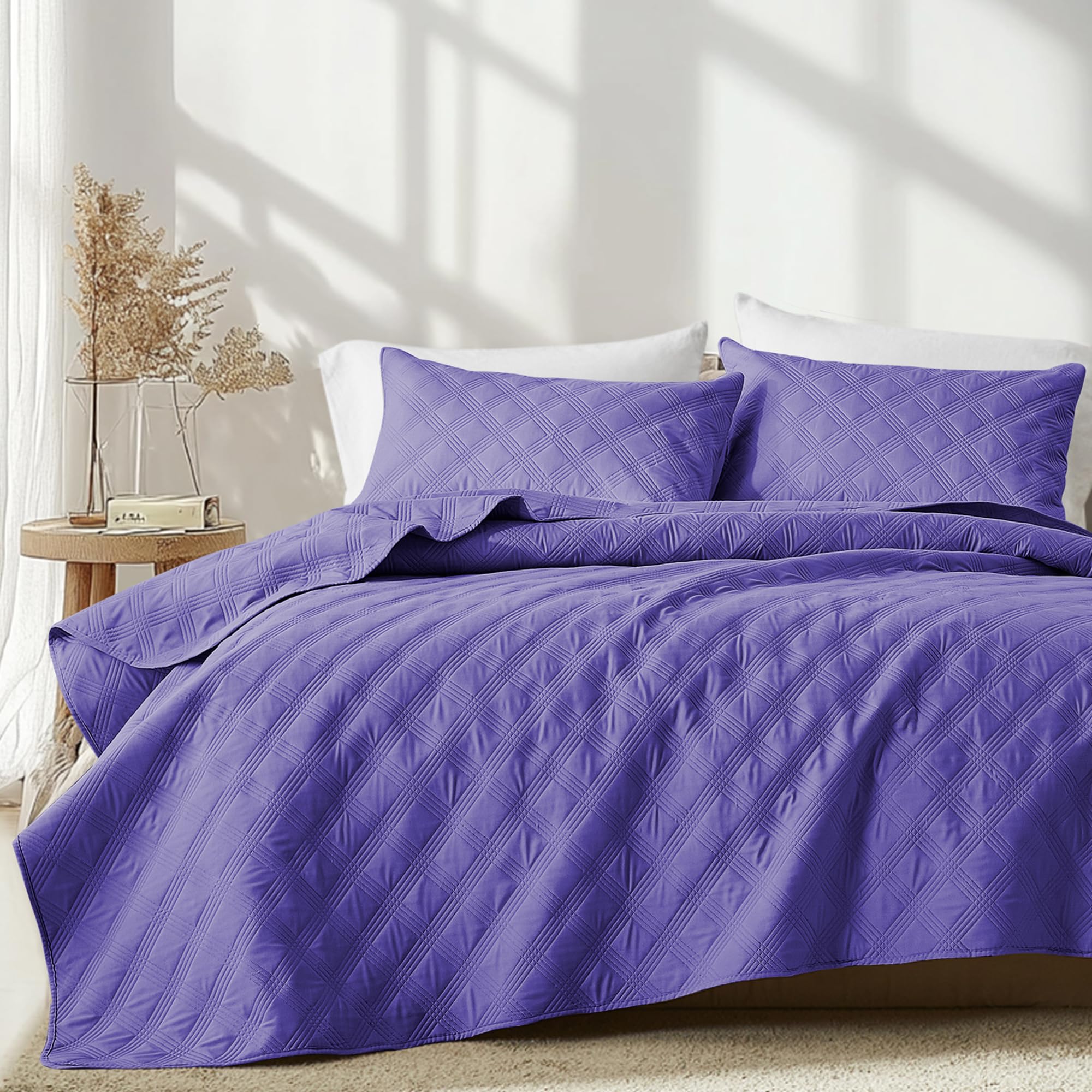 Microfiber Quilted Bedspread Set – Classic Diamond Ultrasonic Embossing, 3-Piece Soft & Breathable Bedspread Set