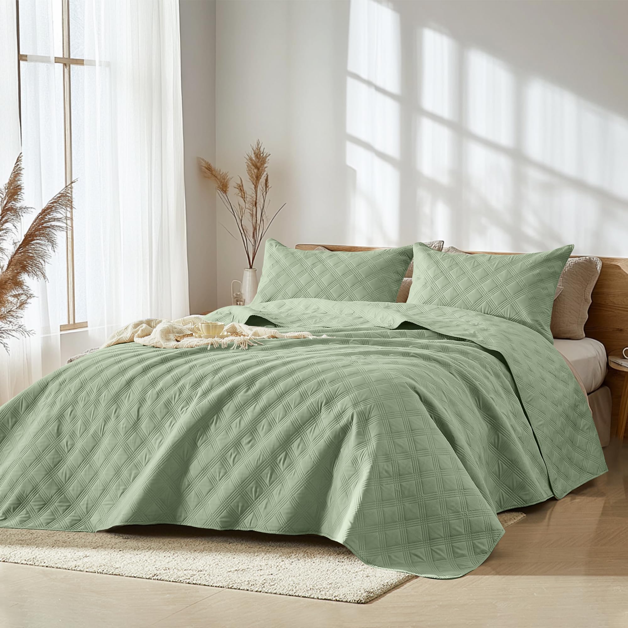 Microfiber Quilted Bedspread Set – Classic Diamond Ultrasonic Embossing, 3-Piece Soft & Breathable Bedspread Set