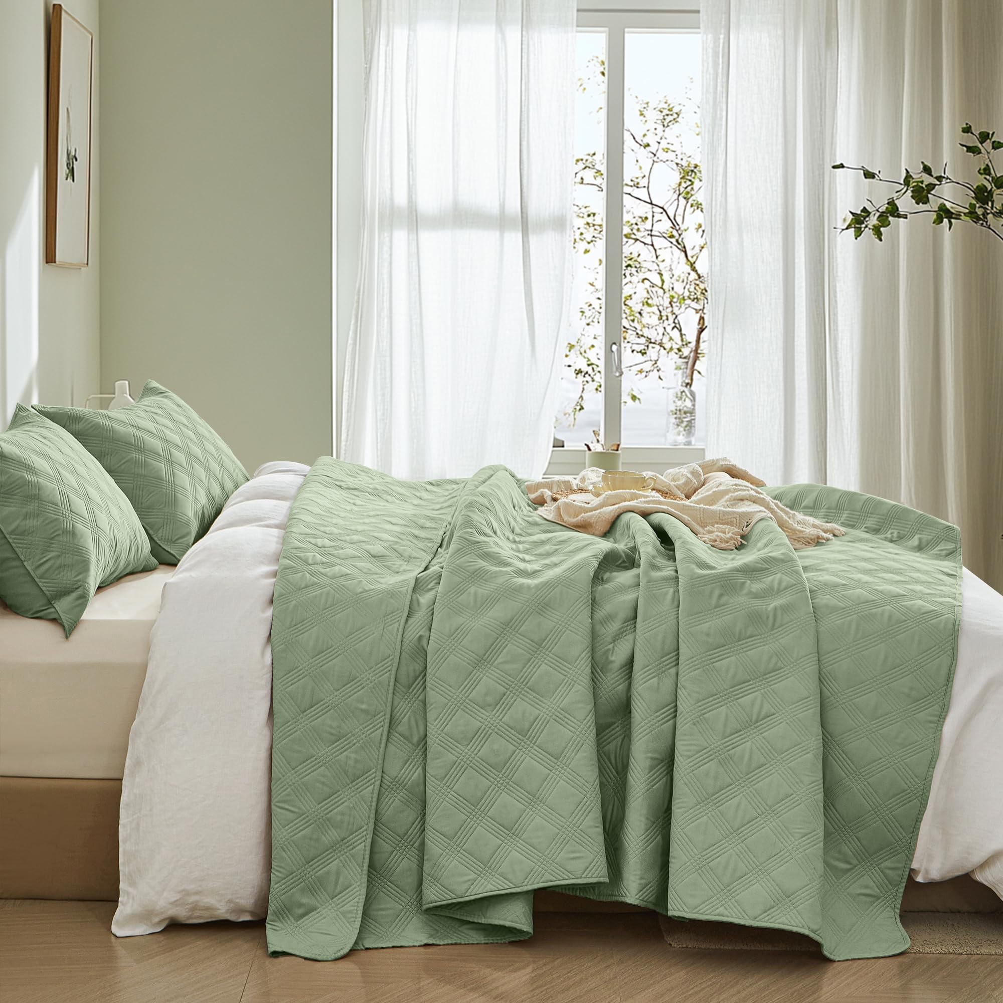 Microfiber Quilted Bedspread Set – Classic Diamond Ultrasonic Embossing, 3-Piece Soft & Breathable Bedspread Set