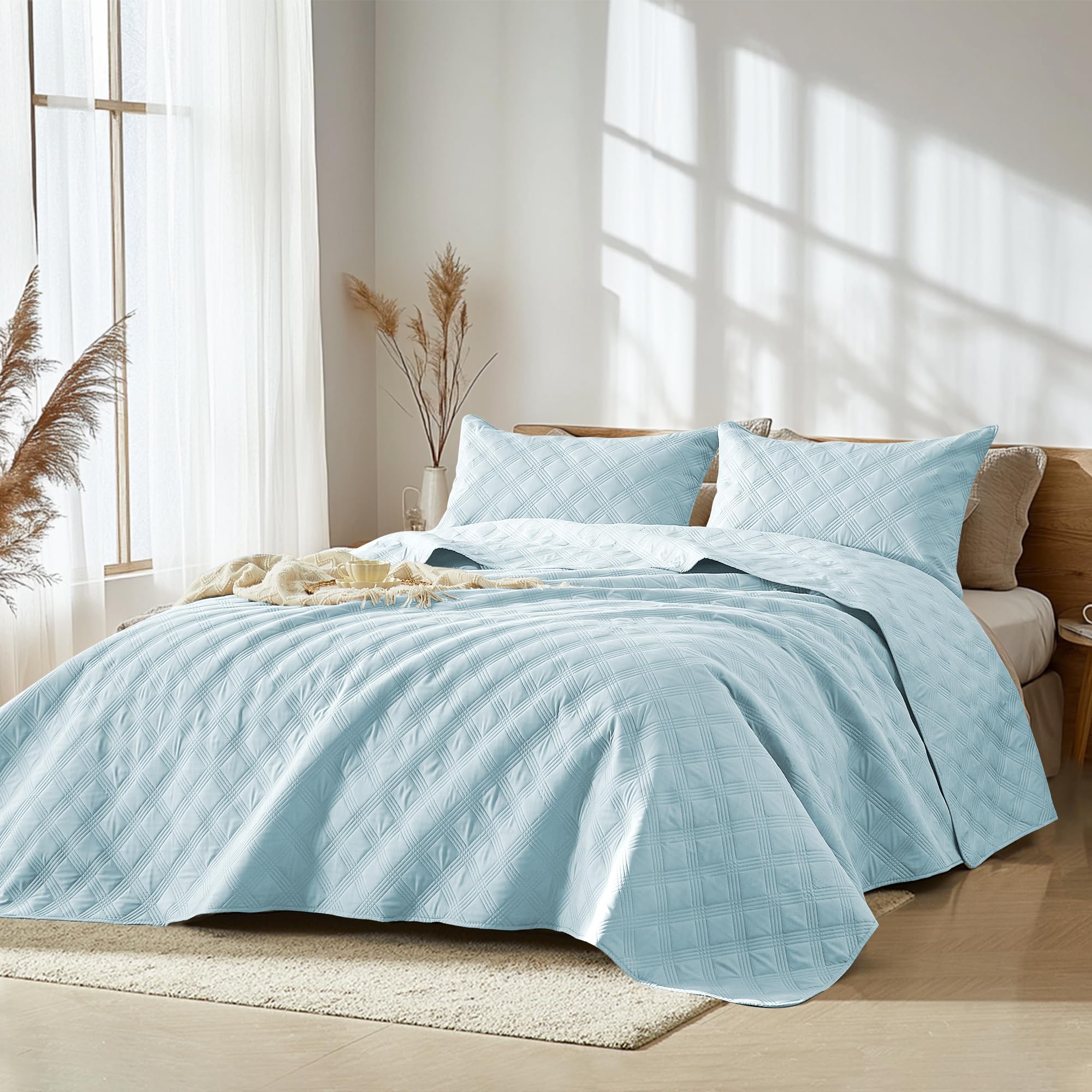 Microfiber Quilted Bedspread Set – Classic Diamond Ultrasonic Embossing, 3-Piece Soft & Breathable Bedspread Set