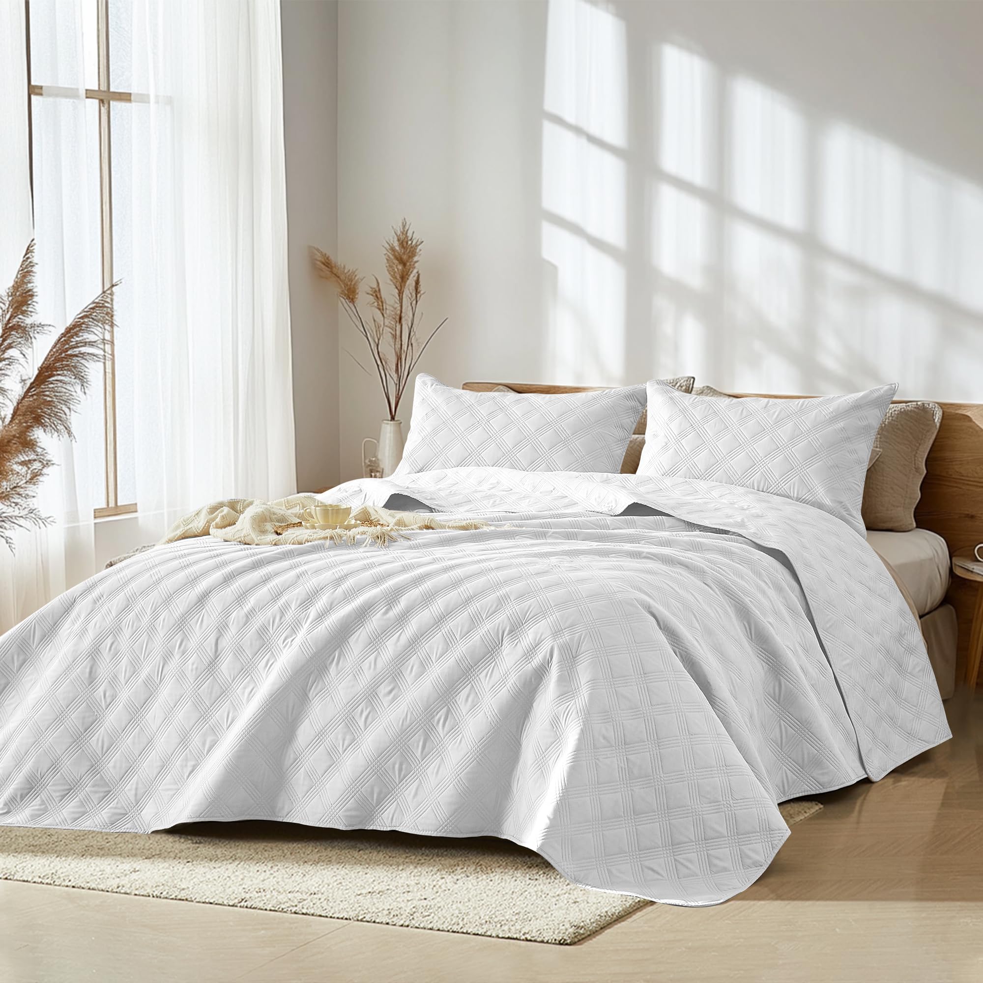 Microfiber Quilted Bedspread Set – Classic Diamond Ultrasonic Embossing, 3-Piece Soft & Breathable Bedspread Set