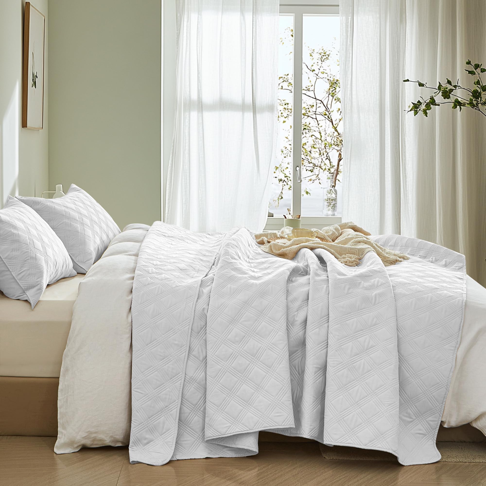 Microfiber Quilted Bedspread Set – Classic Diamond Ultrasonic Embossing, 3-Piece Soft & Breathable Bedspread Set