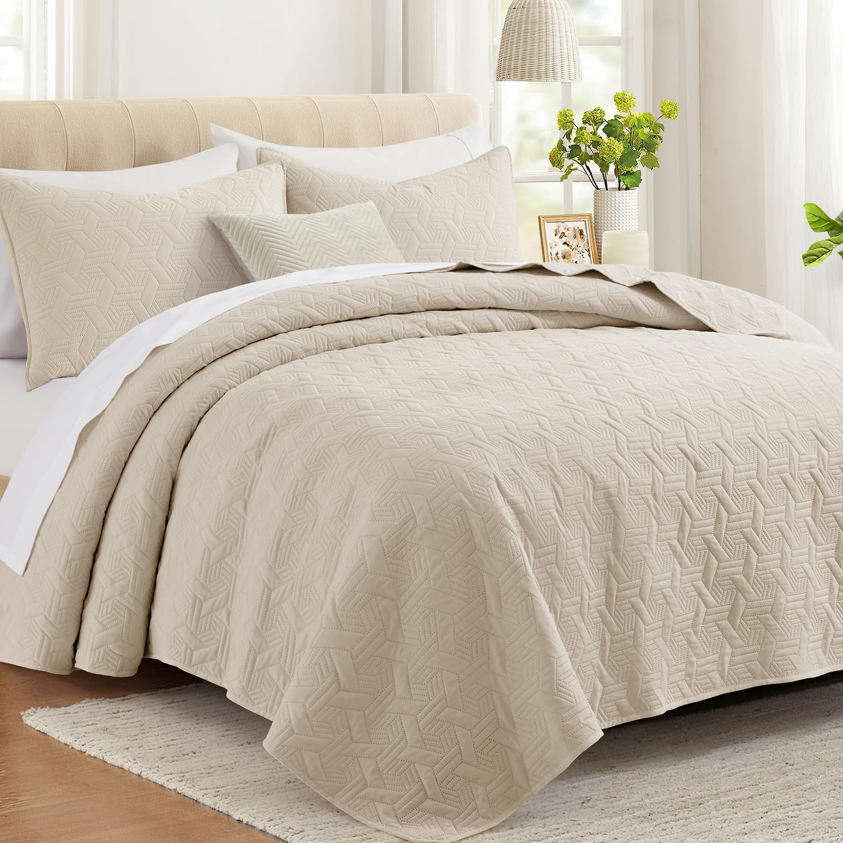 Microfiber Quilted Bedspread Set – Elegant Basket Pattern Ultrasonic Embossing, 3-Piece Soft & Breathable Bedspread Set
