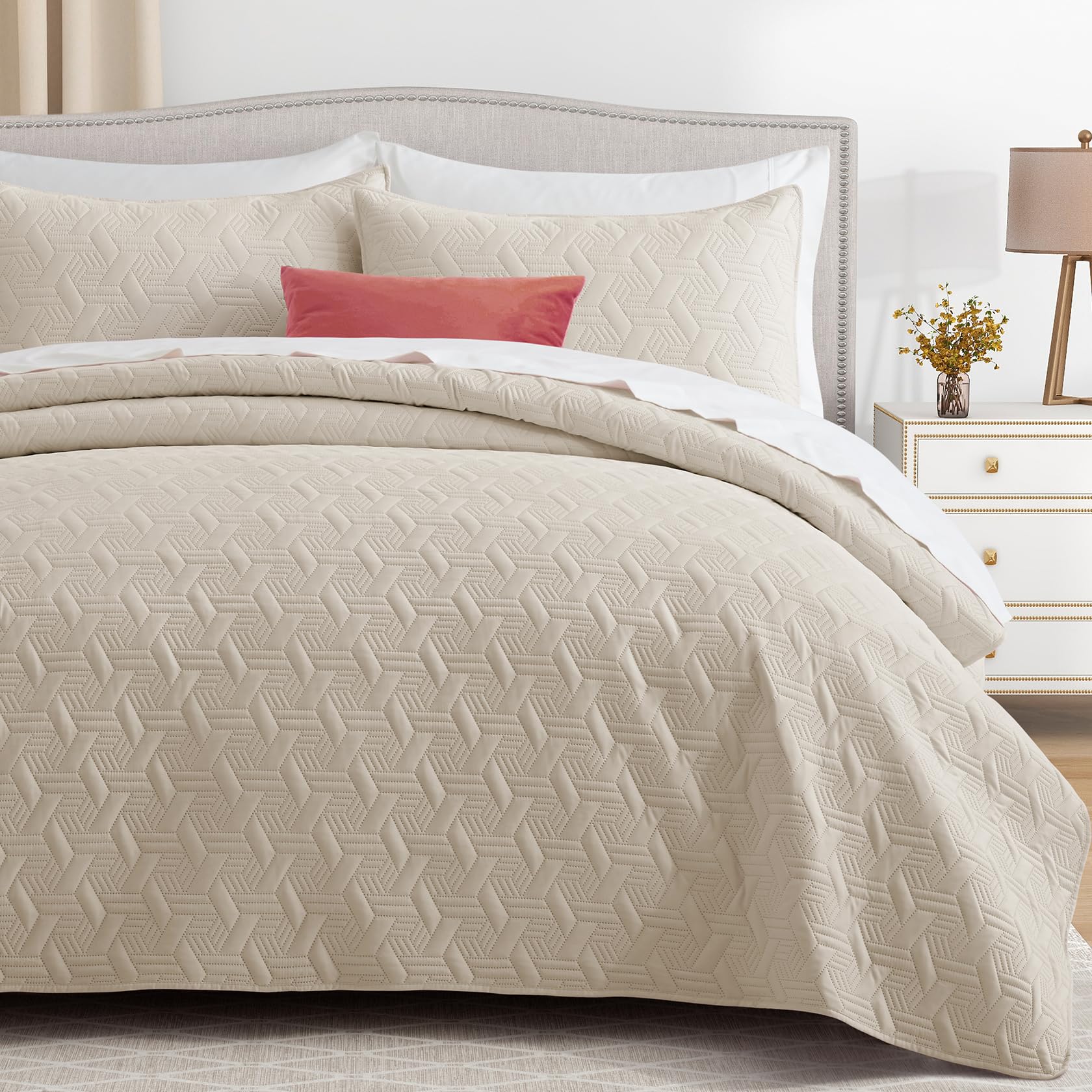 Microfiber Quilted Bedspread Set – Elegant Basket Pattern Ultrasonic Embossing, 3-Piece Soft & Breathable Bedspread Set
