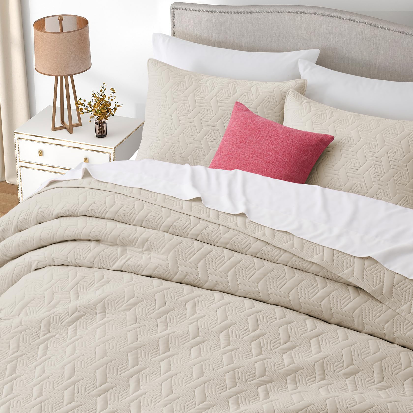Microfiber Quilted Bedspread Set – Elegant Basket Pattern Ultrasonic Embossing, 3-Piece Soft & Breathable Bedspread Set