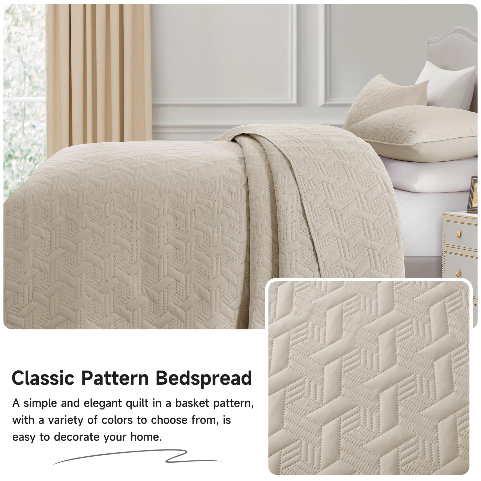 Microfiber Quilted Bedspread Set – Elegant Basket Pattern Ultrasonic Embossing, 3-Piece Soft & Breathable Bedspread Set