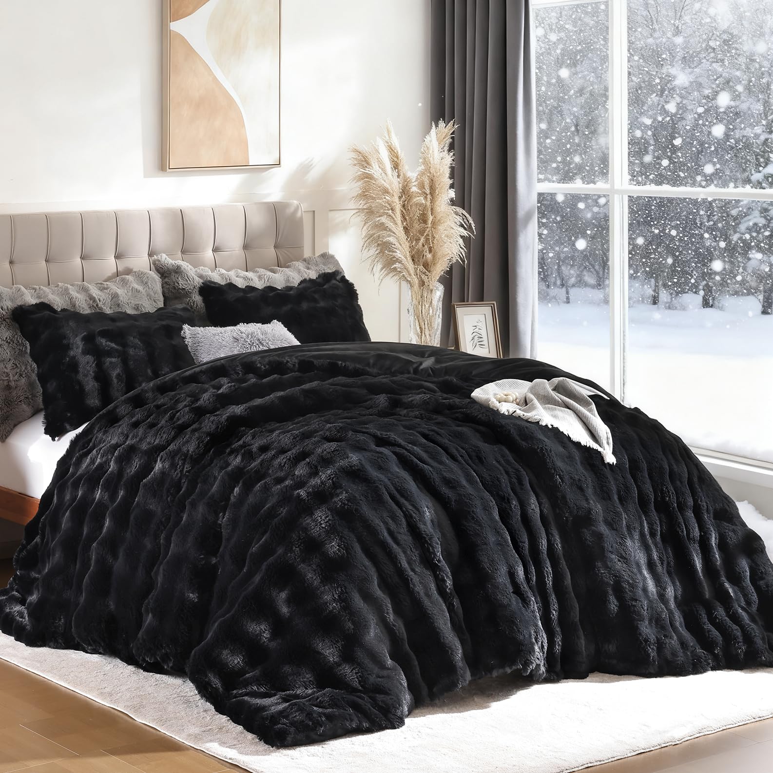 Luxury Faux Rabbit Fur Bubble Comforter Set – Wave Texture Design, Soft & Warm Bedding with Milk Velvet Back