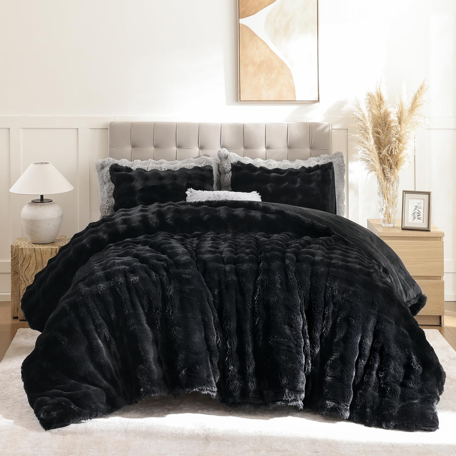 Luxury Faux Rabbit Fur Bubble Comforter Set – Wave Texture Design, Soft & Warm Bedding with Milk Velvet Back