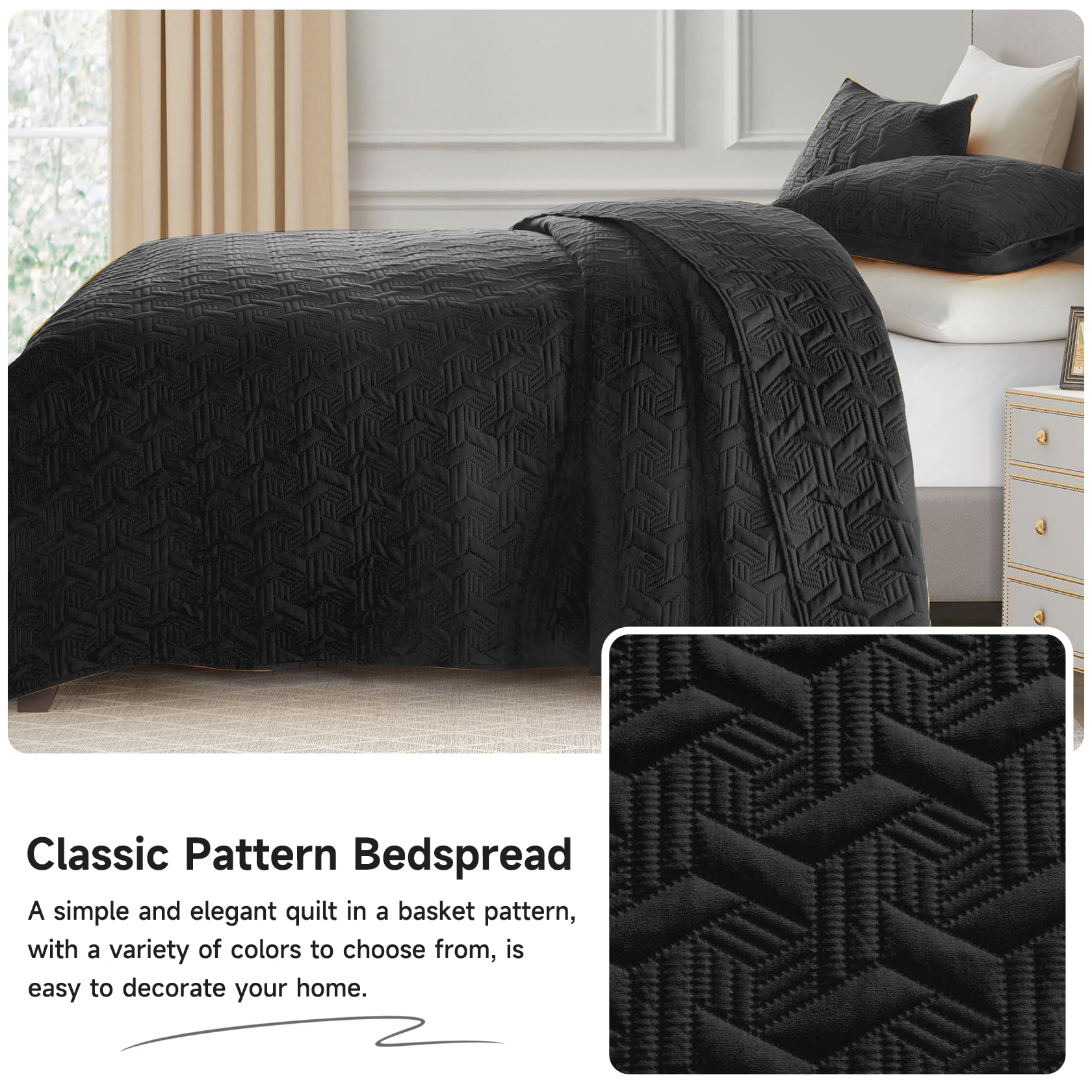 Microfiber Quilted Bedspread Set – Elegant Basket Pattern Ultrasonic Embossing, 3-Piece Soft & Breathable Bedspread Set