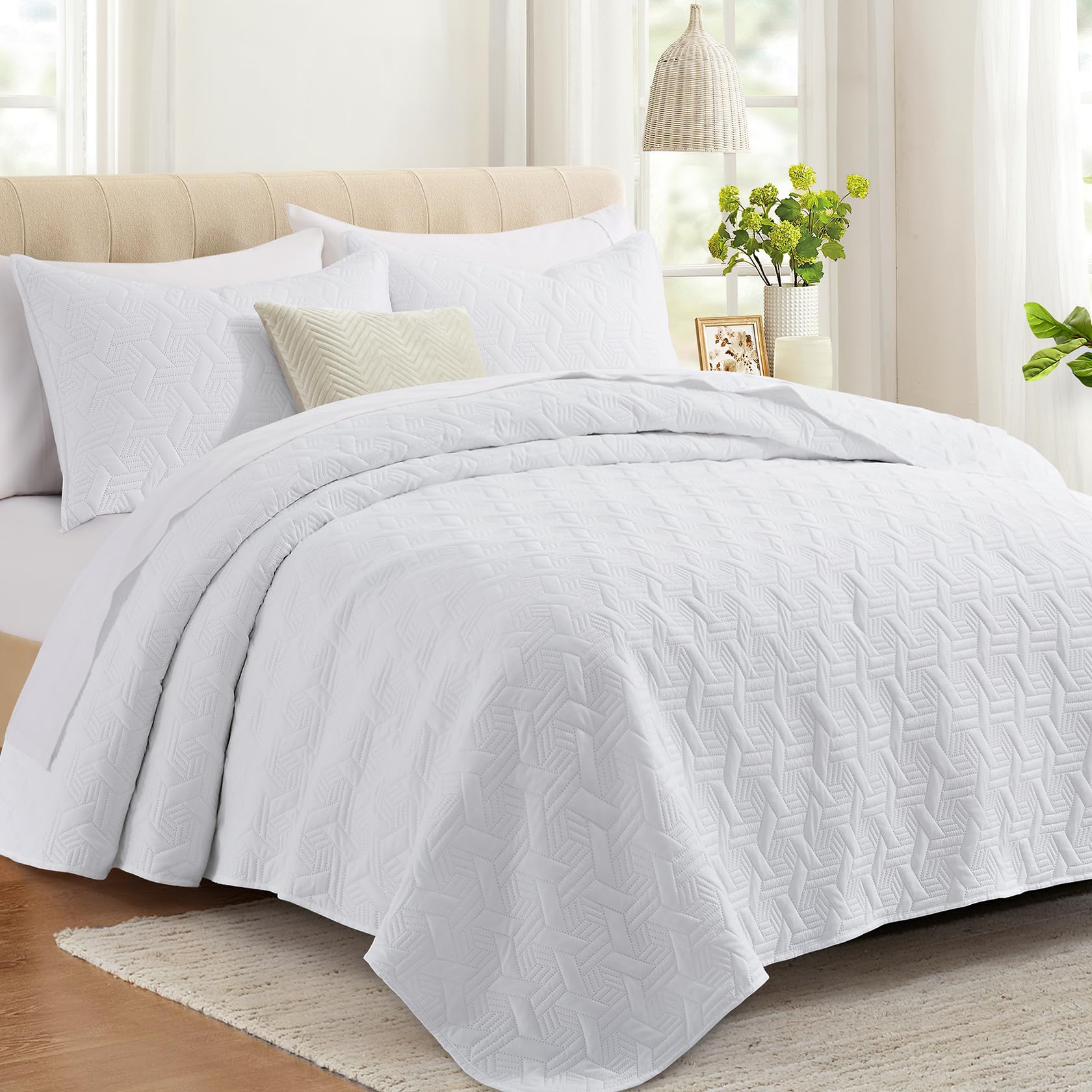 Microfiber Quilted Bedspread Set – Elegant Basket Pattern Ultrasonic Embossing, 3-Piece Soft & Breathable Bedspread Set