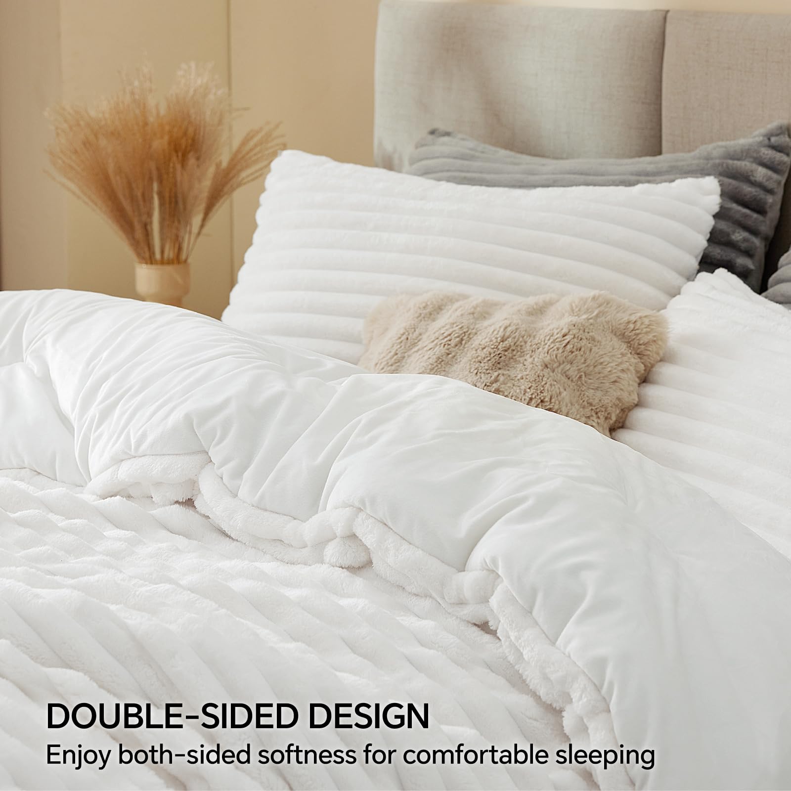 Faux Rabbit Fur Striped Duvet Cover Set – Ultra Soft & Warm Bedding with Milk Velvet Reverse, 3-Piece Duvet Cover Set