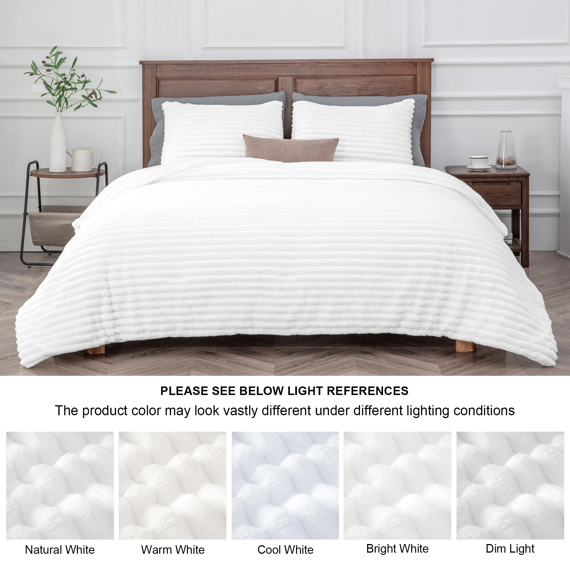 Faux Rabbit Fur Striped Duvet Cover Set – Ultra Soft & Warm Bedding with Milk Velvet Reverse, 3-Piece Duvet Cover Set