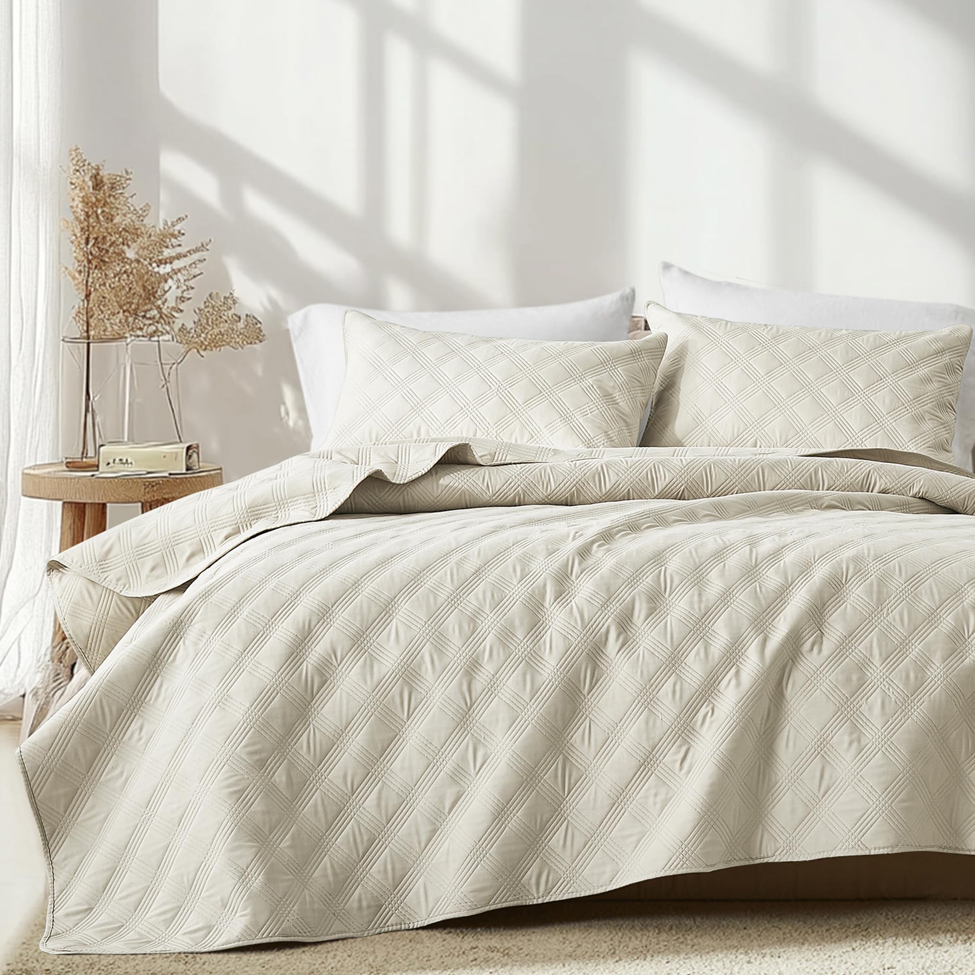 Microfiber Quilted Bedspread Set – Classic Diamond Ultrasonic Embossing, 3-Piece Soft & Breathable Bedspread Set