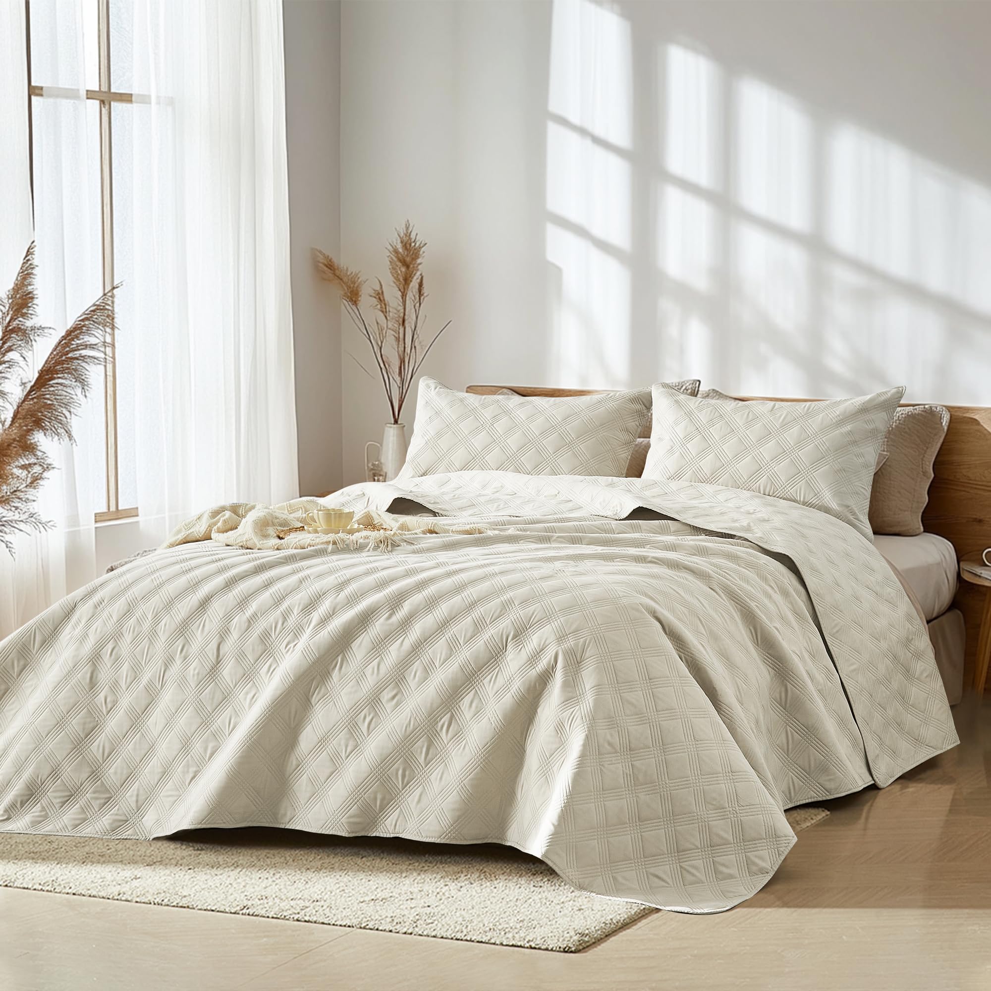 Microfiber Quilted Bedspread Set – Classic Diamond Ultrasonic Embossing, 3-Piece Soft & Breathable Bedspread Set