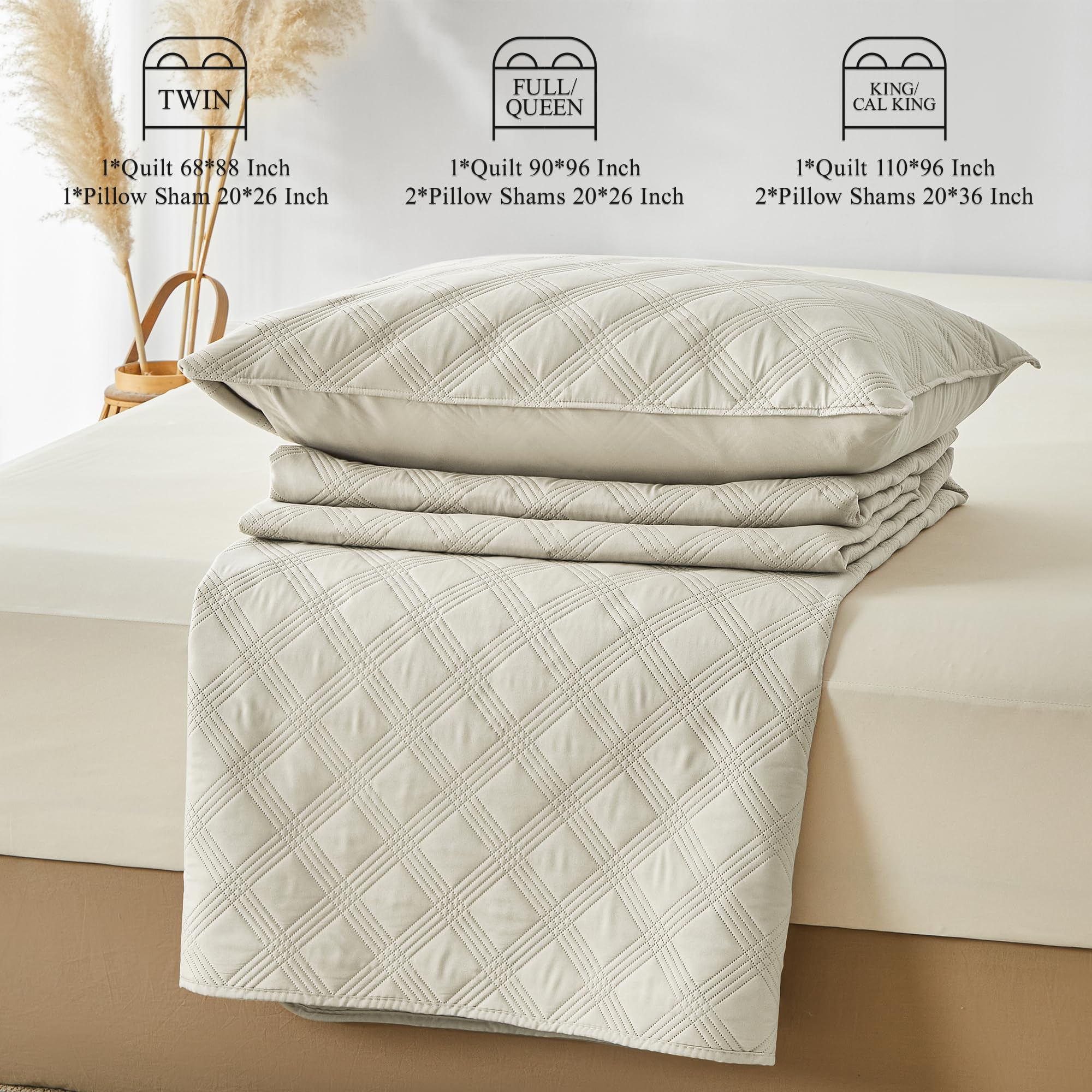 Microfiber Quilted Bedspread Set – Classic Diamond Ultrasonic Embossing, 3-Piece Soft & Breathable Bedspread Set