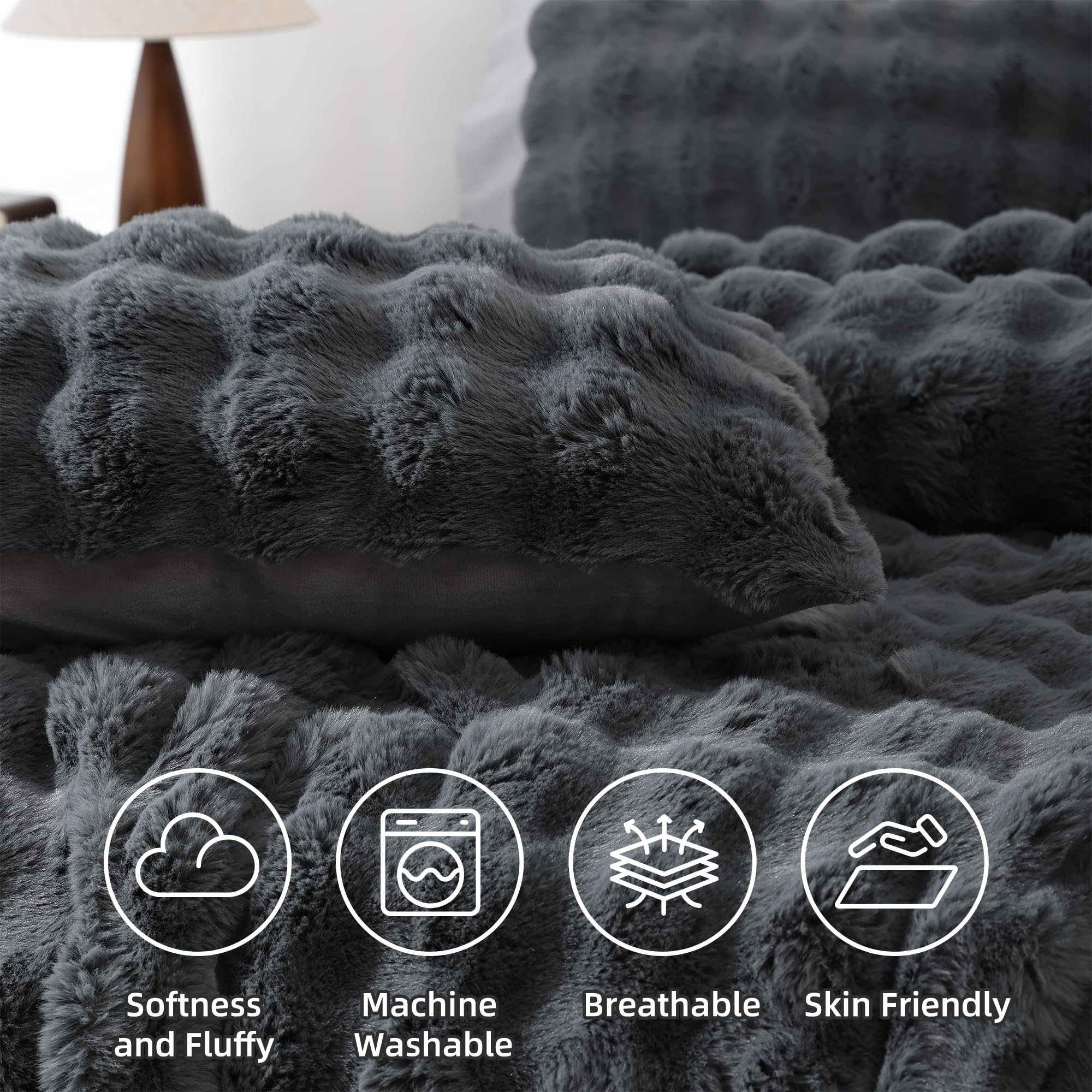 Luxury Faux Rabbit Fur Bubble Comforter Set – Wave Texture Design, Soft & Warm Bedding with Milk Velvet Back