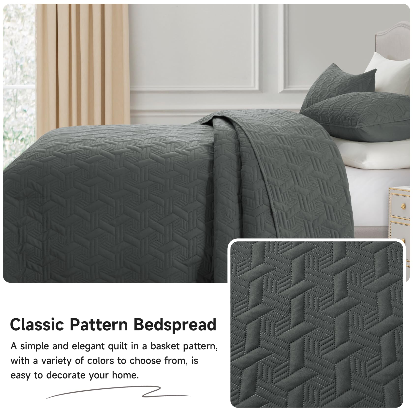 Microfiber Quilted Bedspread Set – Elegant Basket Pattern Ultrasonic Embossing, 3-Piece Soft & Breathable Bedspread Set