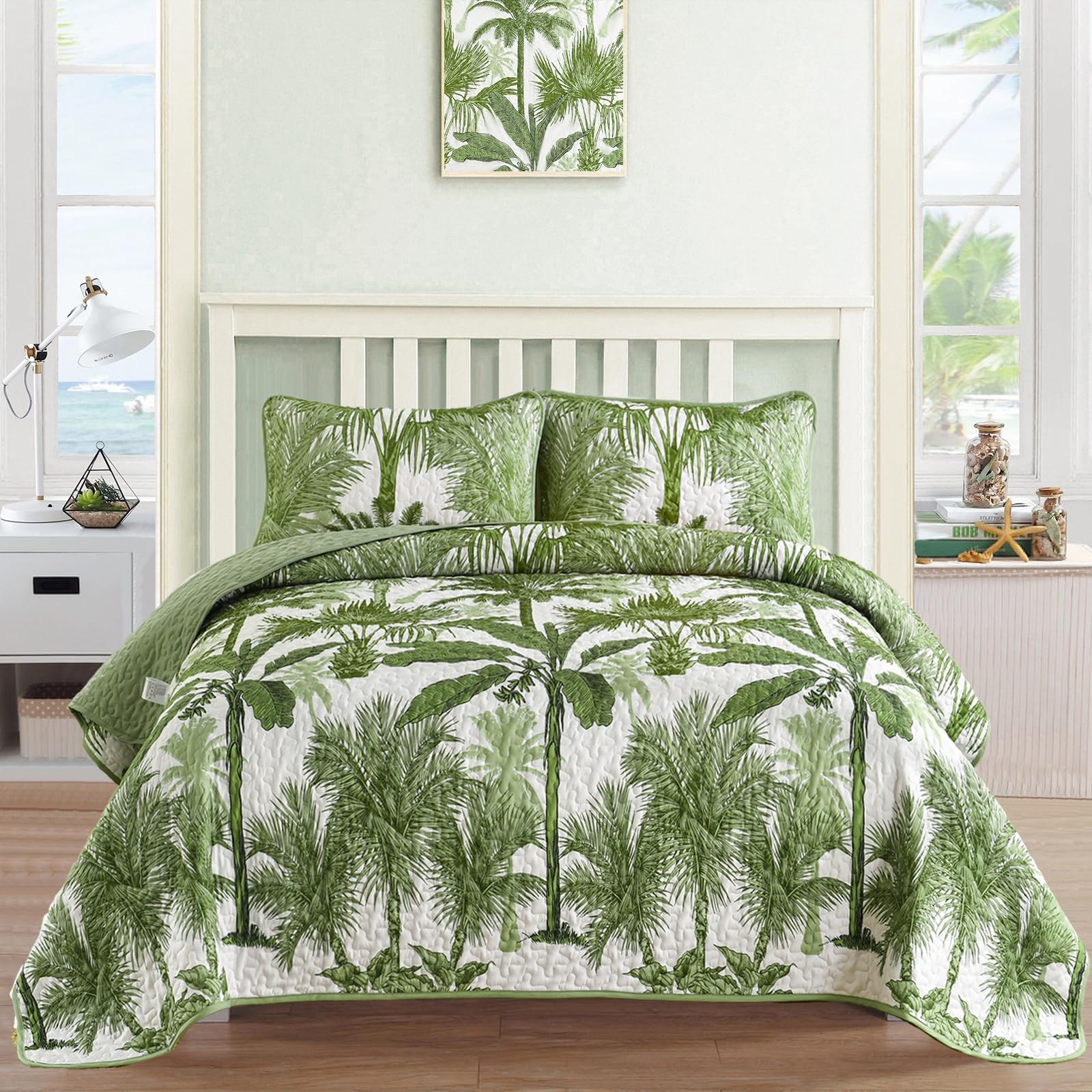 Microfiber Quilted Bedspread Set – Tropical Plants Print, 3-Piece Soft & Breathable Bedspread Set