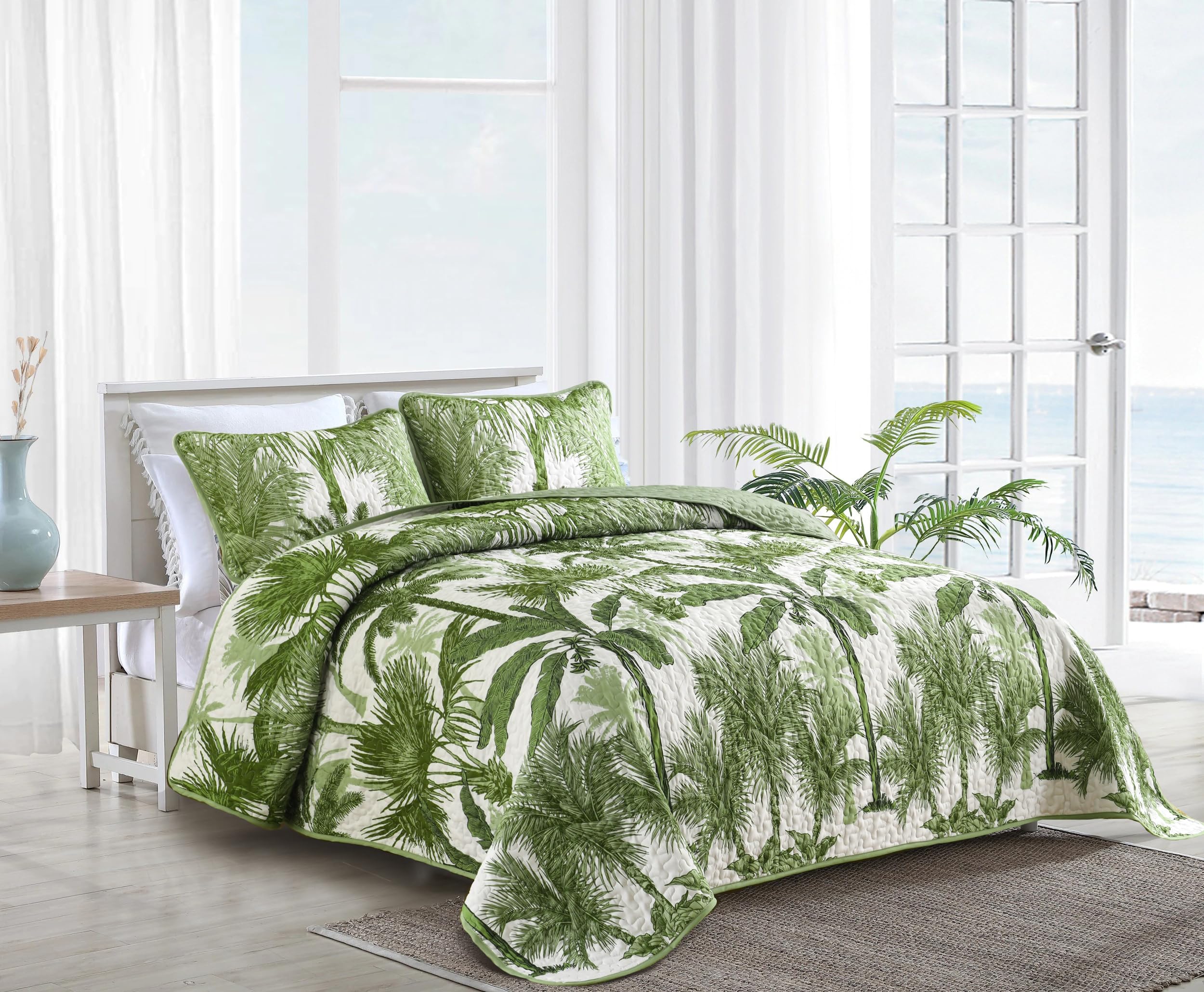 Microfiber Quilted Bedspread Set – Tropical Plants Print, 3-Piece Soft & Breathable Bedspread Set