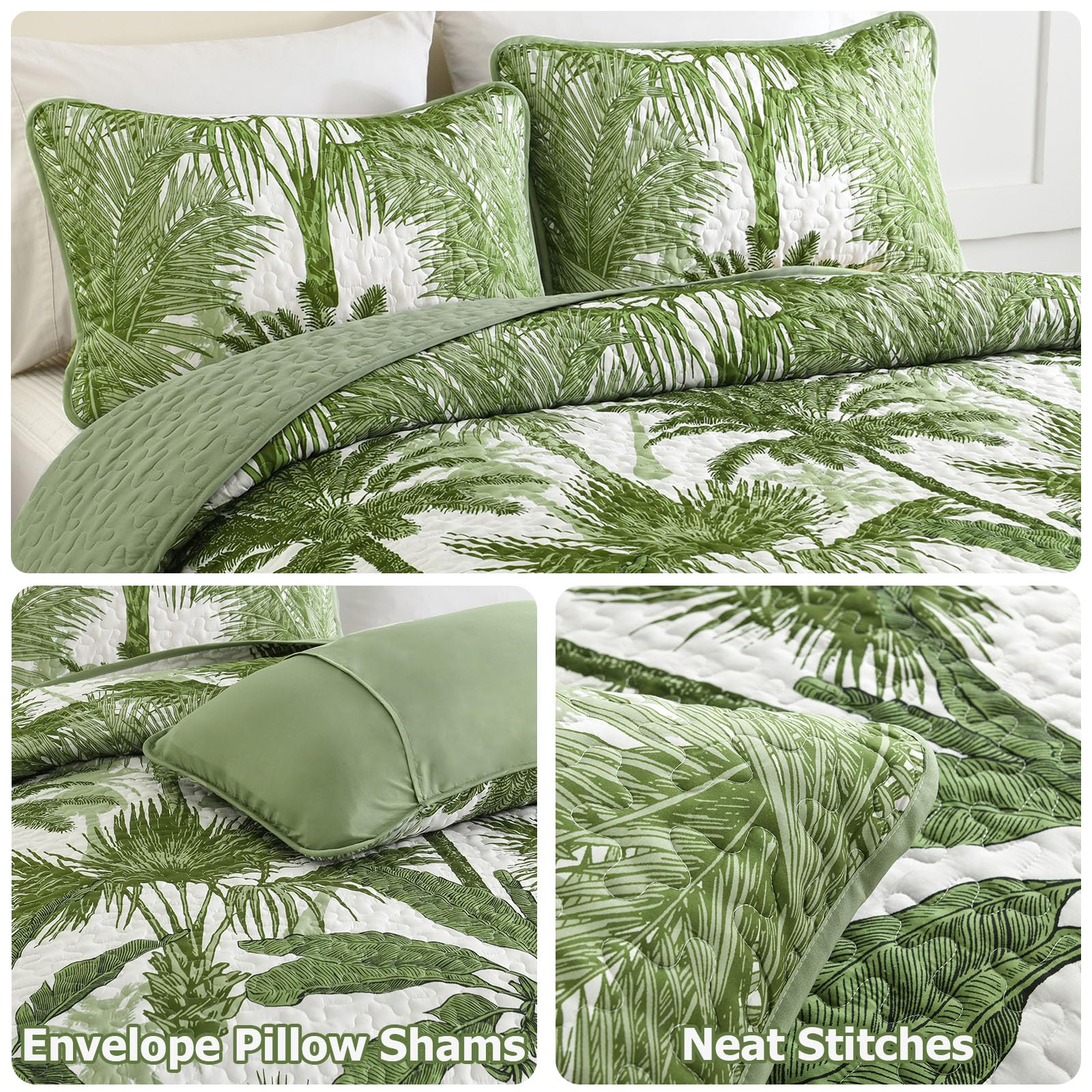 Microfiber Quilted Bedspread Set – Tropical Plants Print, 3-Piece Soft & Breathable Bedspread Set
