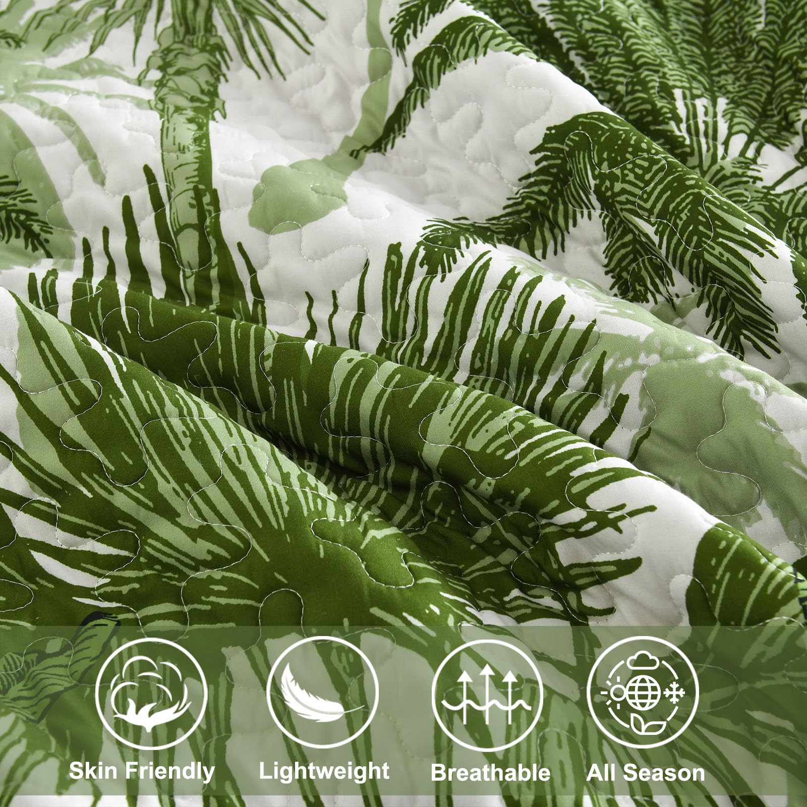 Microfiber Quilted Bedspread Set – Tropical Plants Print, 3-Piece Soft & Breathable Bedspread Set