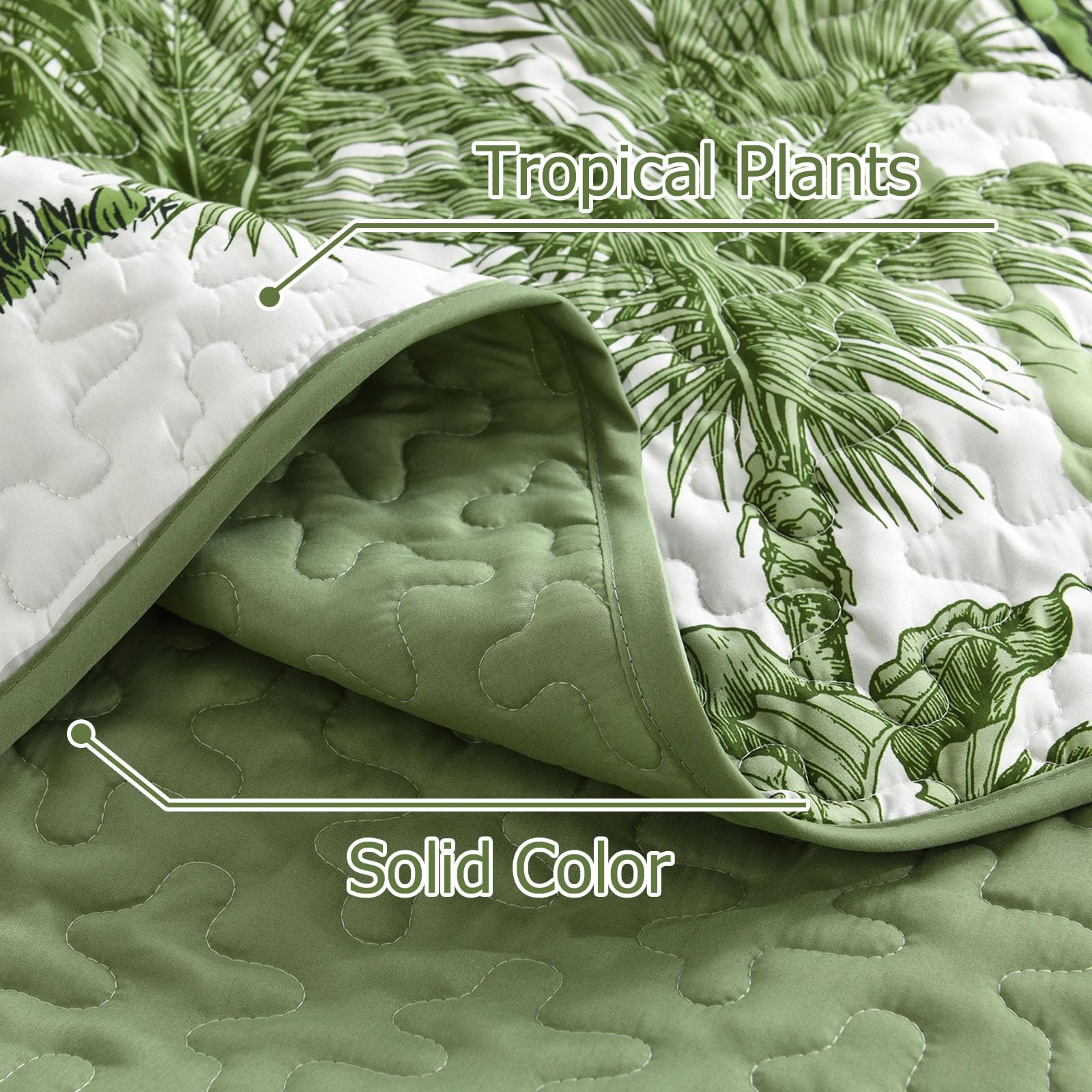 Microfiber Quilted Bedspread Set – Tropical Plants Print, 3-Piece Soft & Breathable Bedspread Set