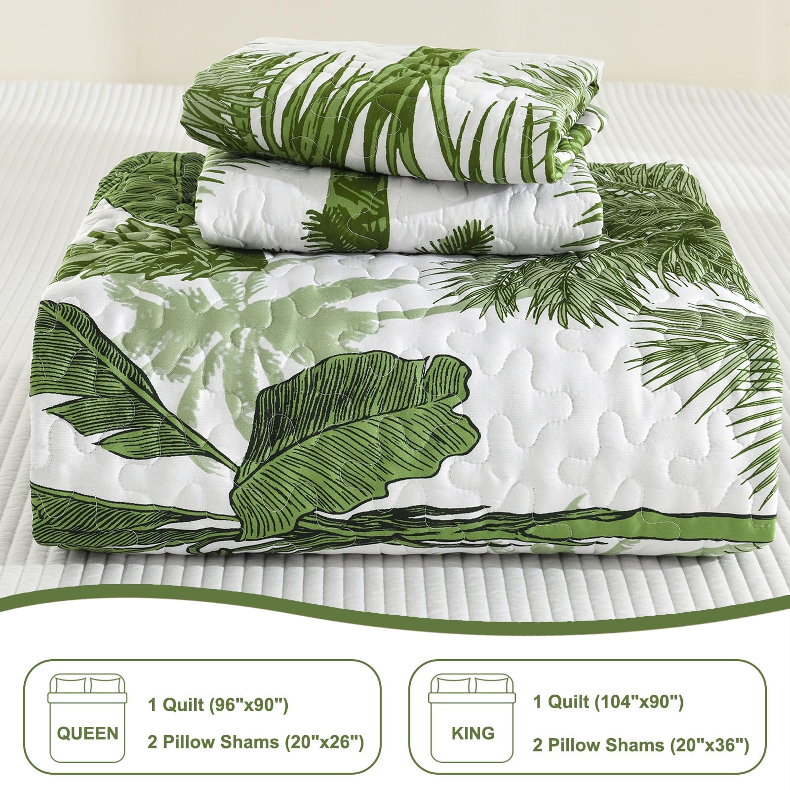 Microfiber Quilted Bedspread Set – Tropical Plants Print, 3-Piece Soft & Breathable Bedspread Set