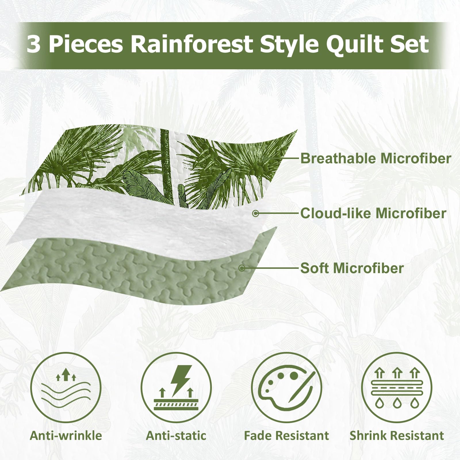 Microfiber Quilted Bedspread Set – Tropical Plants Print, 3-Piece Soft & Breathable Bedspread Set