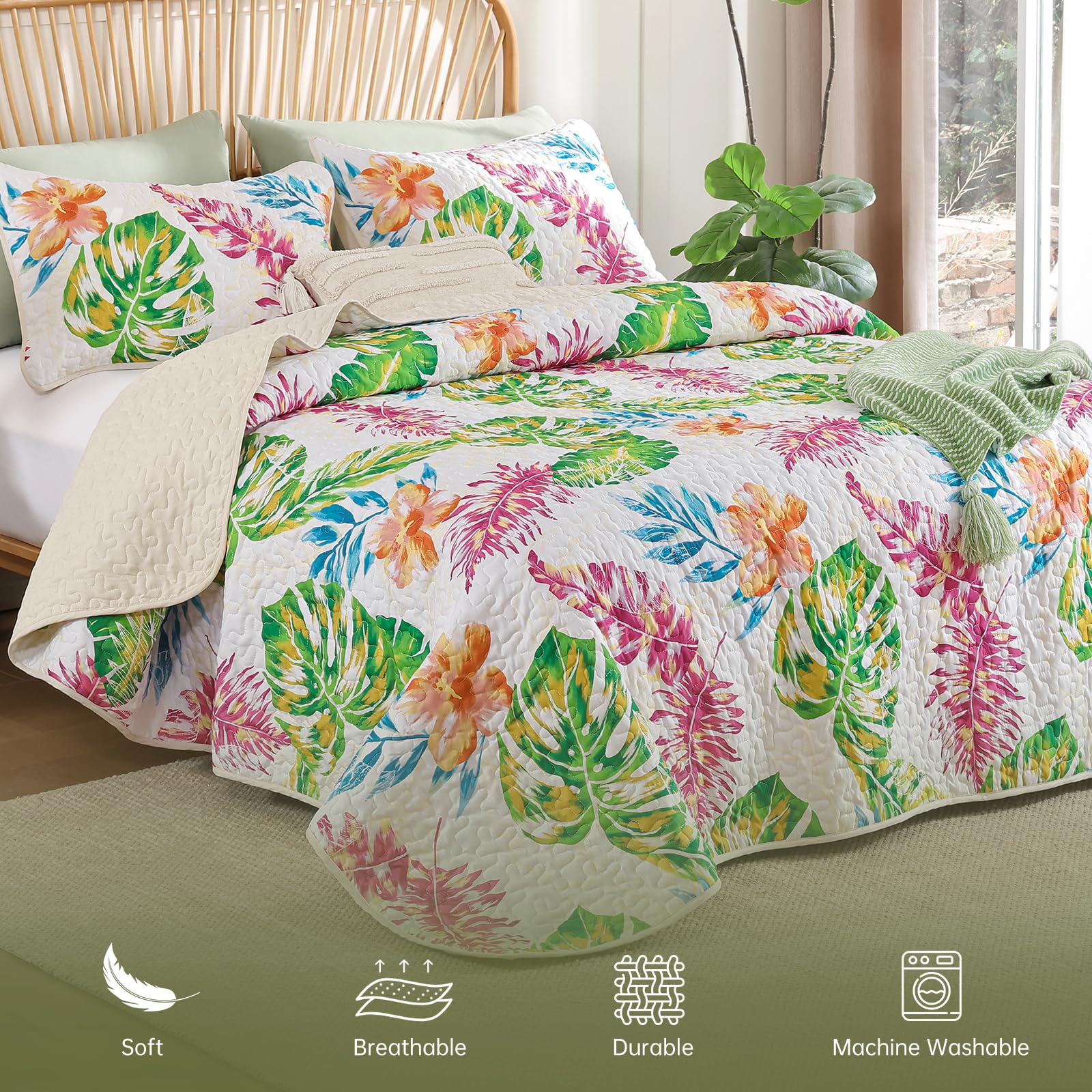 Microfiber Quilted Bedspread Set – Tropical Plants Print, 3-Piece Soft & Breathable Bedspread Set