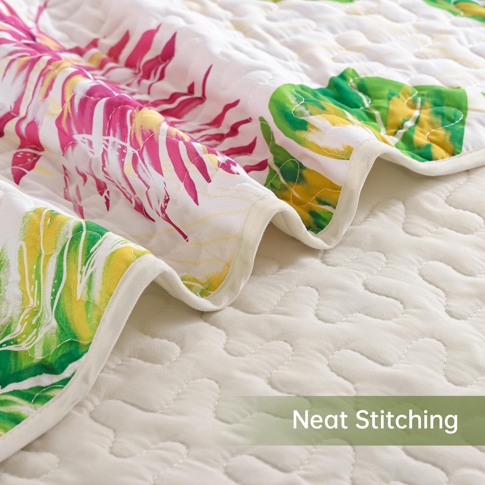 Microfiber Quilted Bedspread Set – Tropical Plants Print, 3-Piece Soft & Breathable Bedspread Set