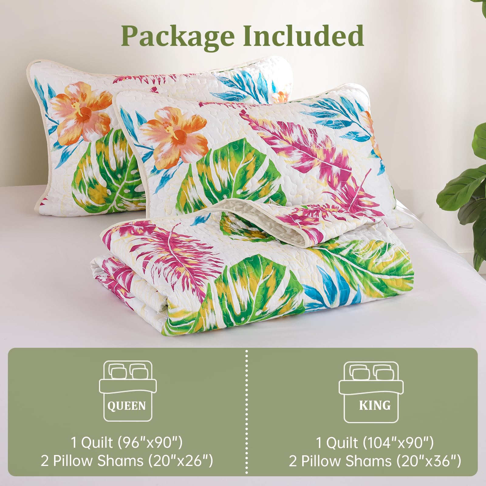 Microfiber Quilted Bedspread Set – Tropical Plants Print, 3-Piece Soft & Breathable Bedspread Set