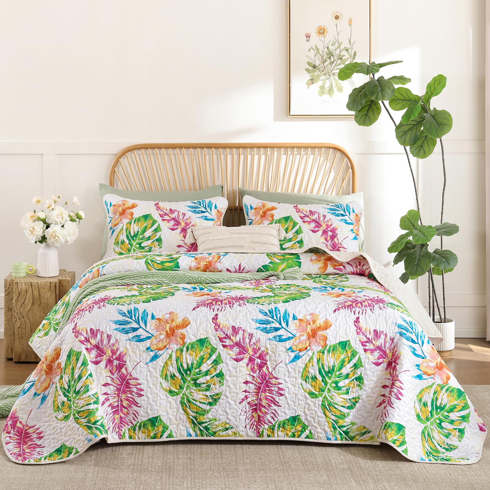 Microfiber Quilted Bedspread Set – Tropical Plants Print, 3-Piece Soft & Breathable Bedspread Set