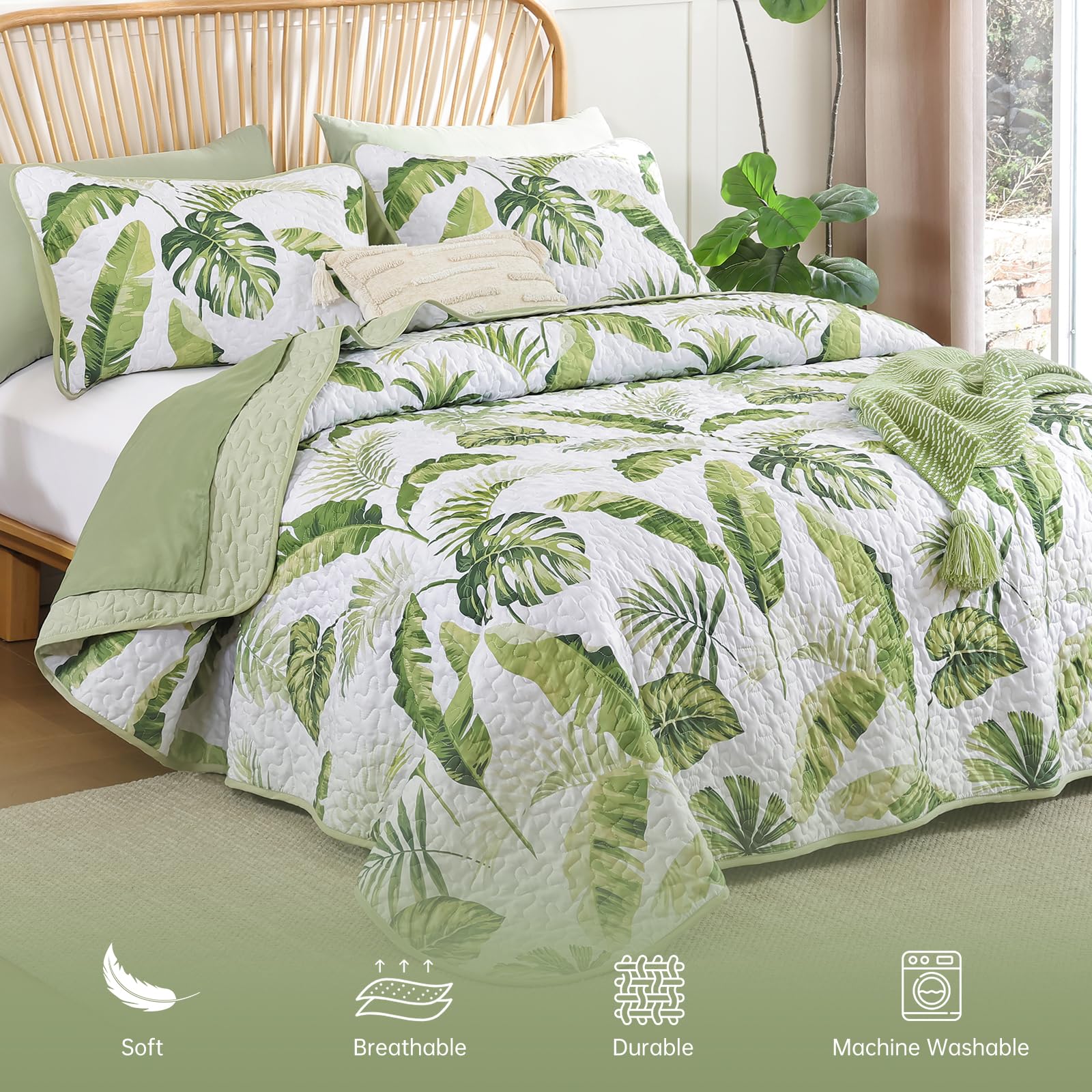 Microfiber Quilted Bedspread Set – Tropical Plants Print, 3-Piece Soft & Breathable Bedspread Set