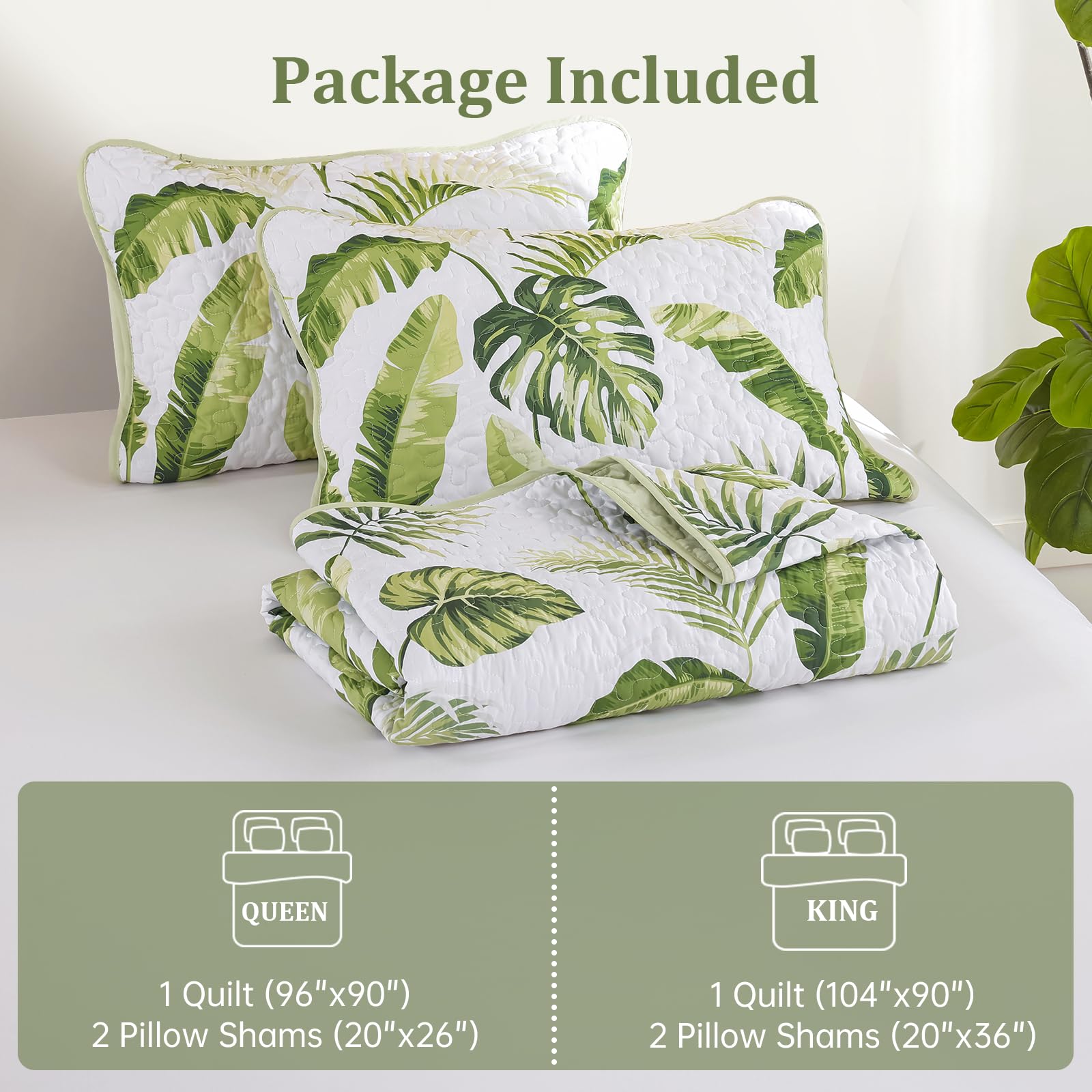 Microfiber Quilted Bedspread Set – Tropical Plants Print, 3-Piece Soft & Breathable Bedspread Set
