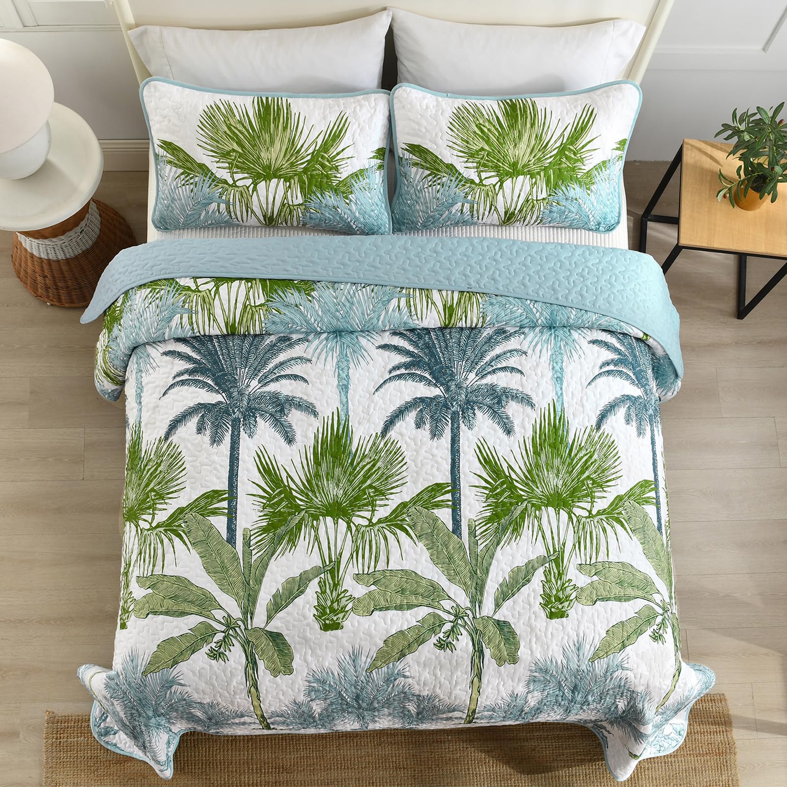 Microfiber Quilted Bedspread Set – Tropical Plants Print, 3-Piece Soft & Breathable Bedspread Set
