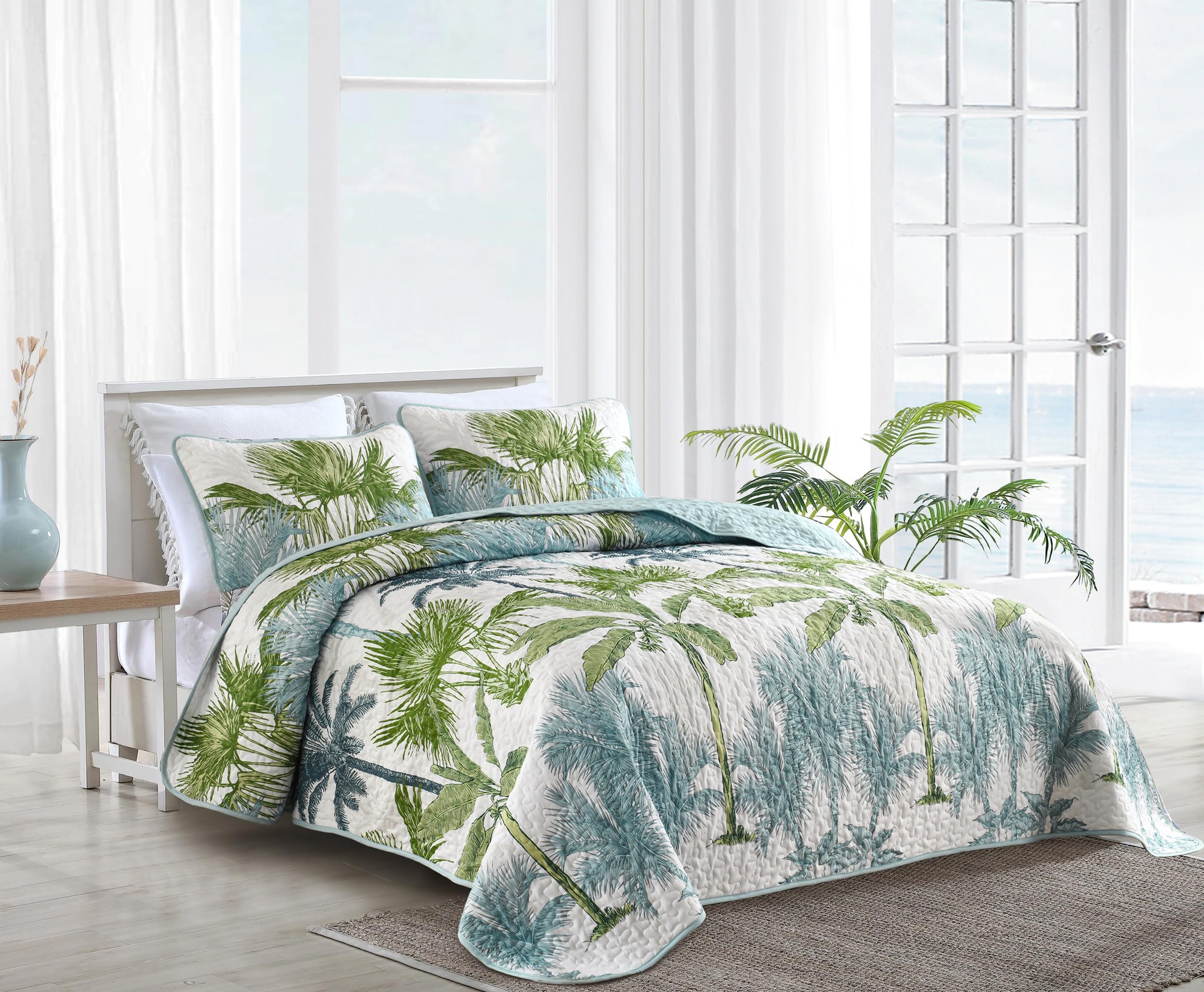 Microfiber Quilted Bedspread Set – Tropical Plants Print, 3-Piece Soft & Breathable Bedspread Set