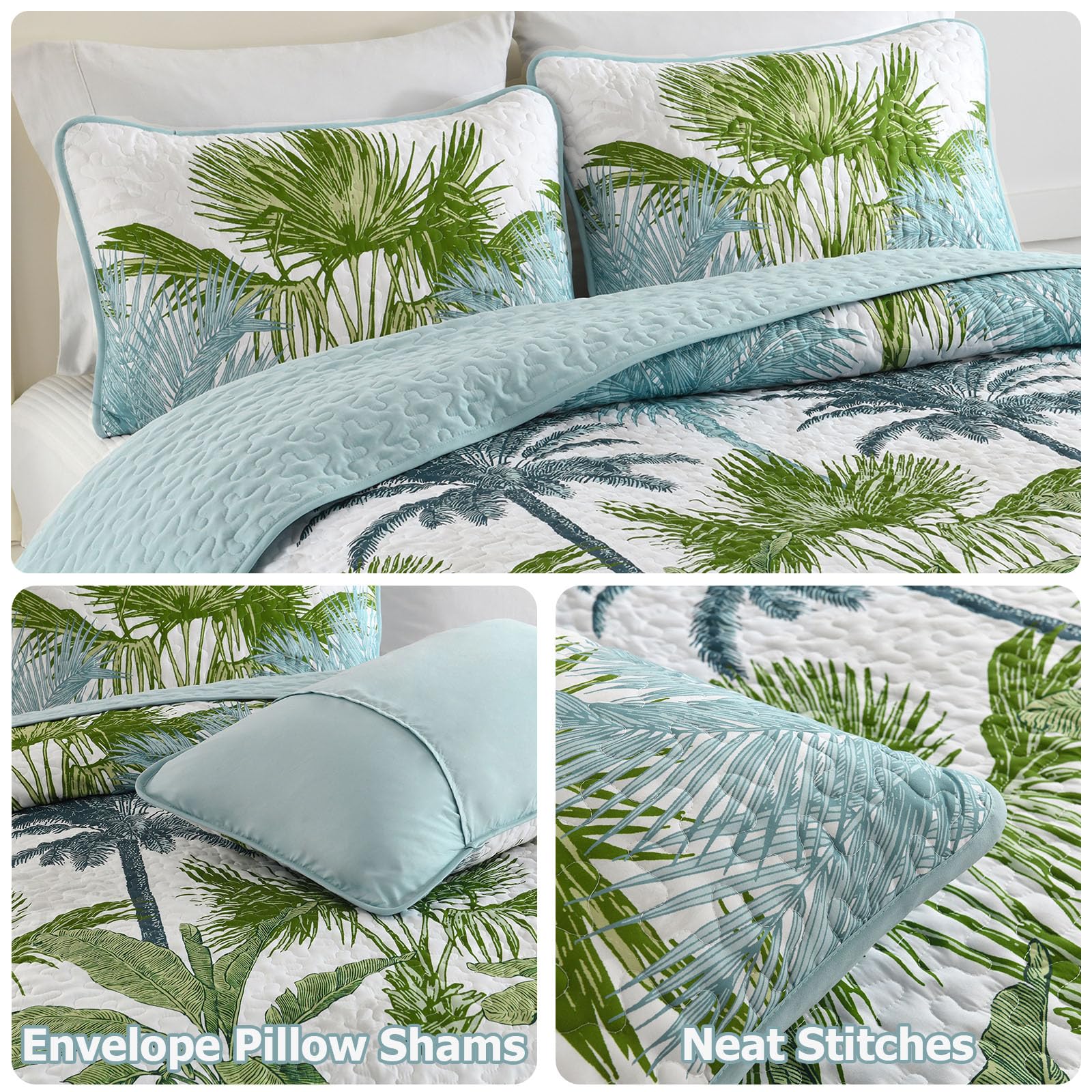 Microfiber Quilted Bedspread Set – Tropical Plants Print, 3-Piece Soft & Breathable Bedspread Set
