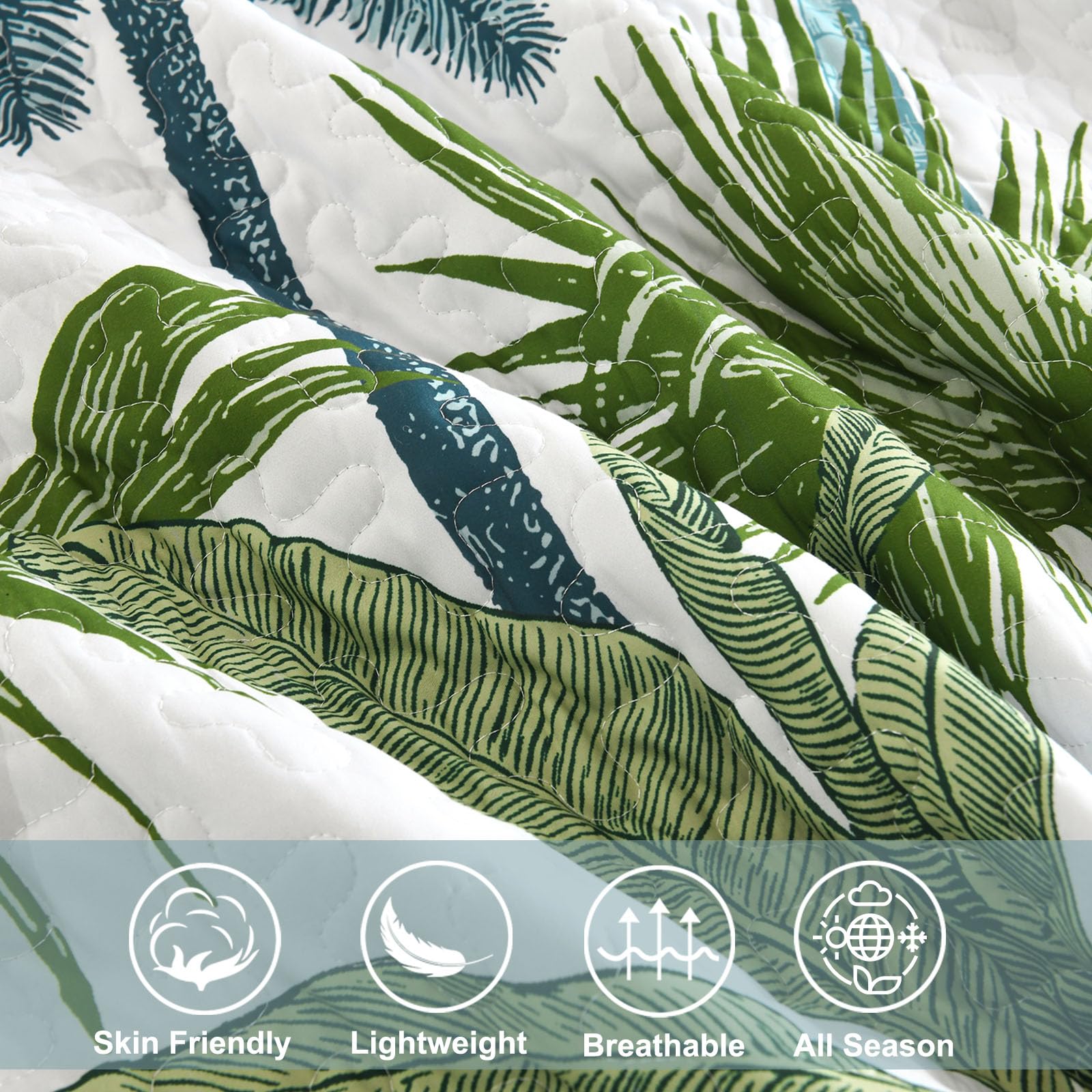 Microfiber Quilted Bedspread Set – Tropical Plants Print, 3-Piece Soft & Breathable Bedspread Set
