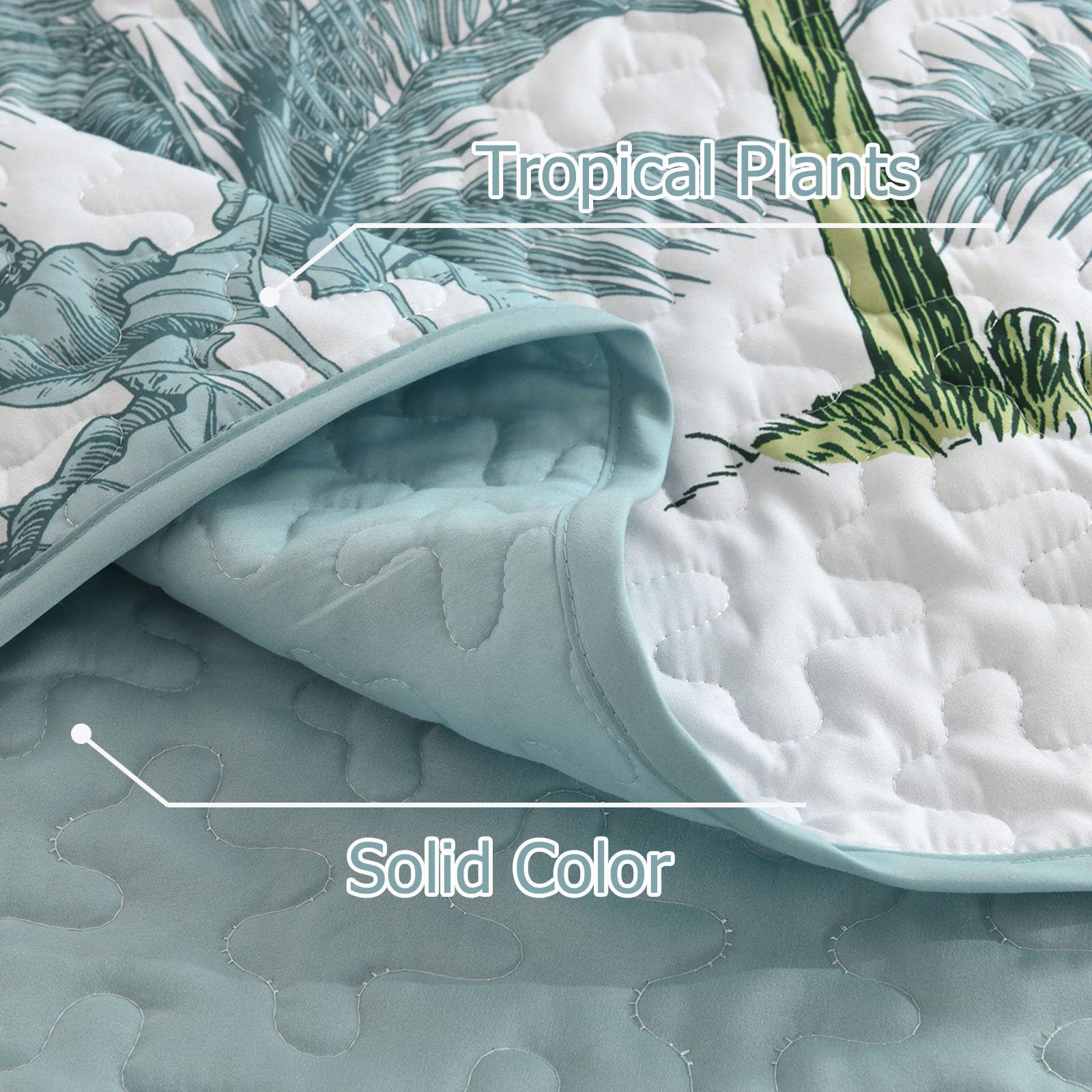 Microfiber Quilted Bedspread Set – Tropical Plants Print, 3-Piece Soft & Breathable Bedspread Set