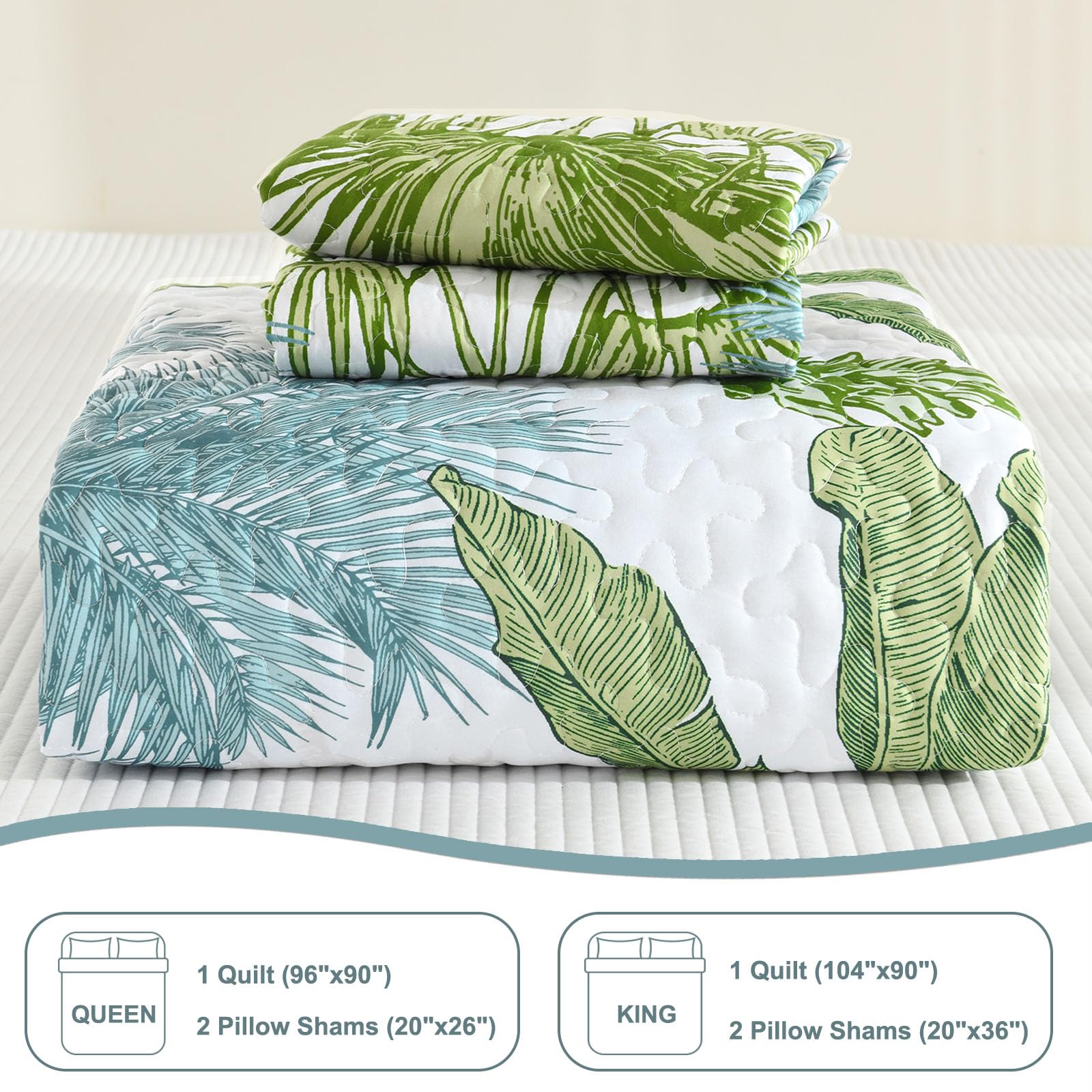 Microfiber Quilted Bedspread Set – Tropical Plants Print, 3-Piece Soft & Breathable Bedspread Set