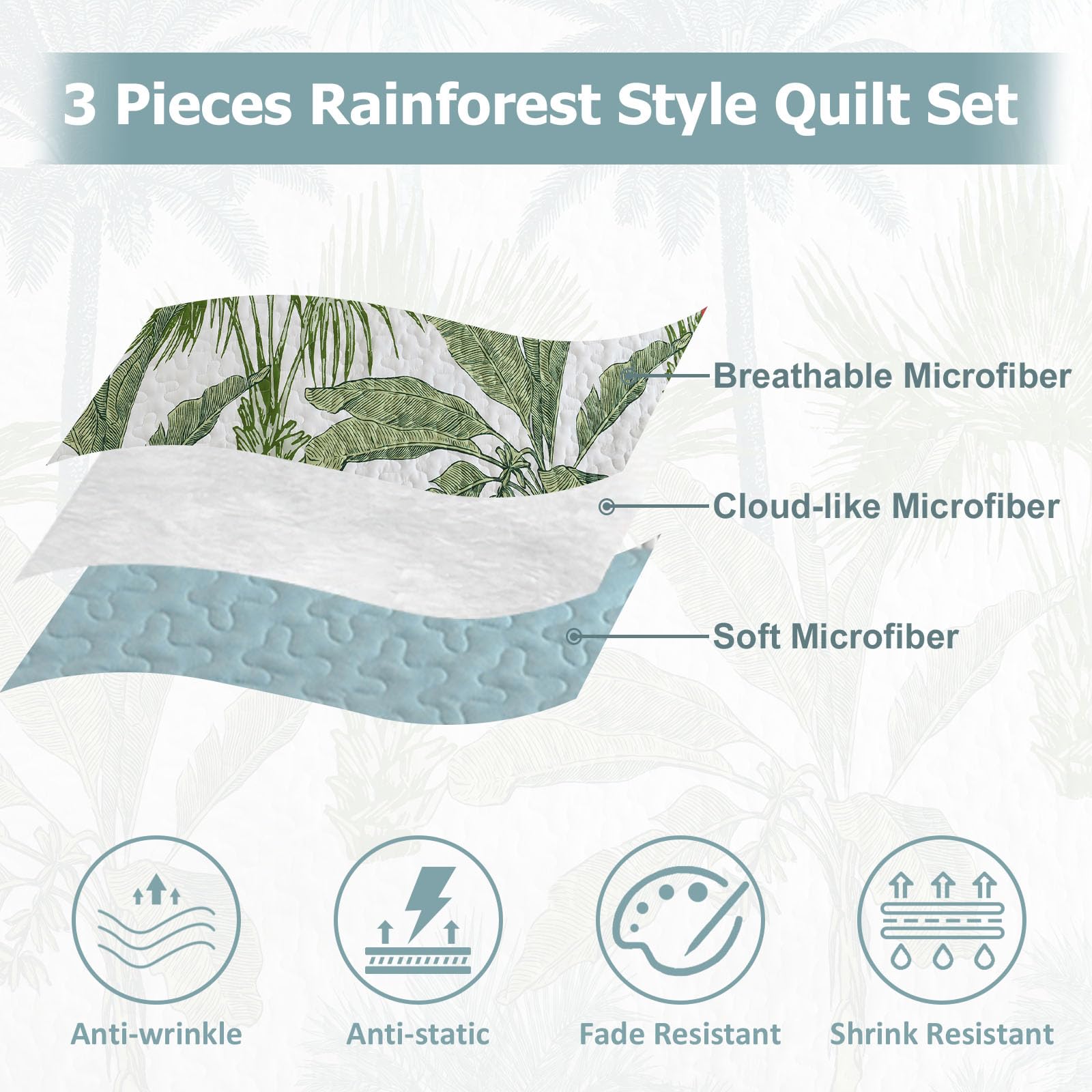Microfiber Quilted Bedspread Set – Tropical Plants Print, 3-Piece Soft & Breathable Bedspread Set