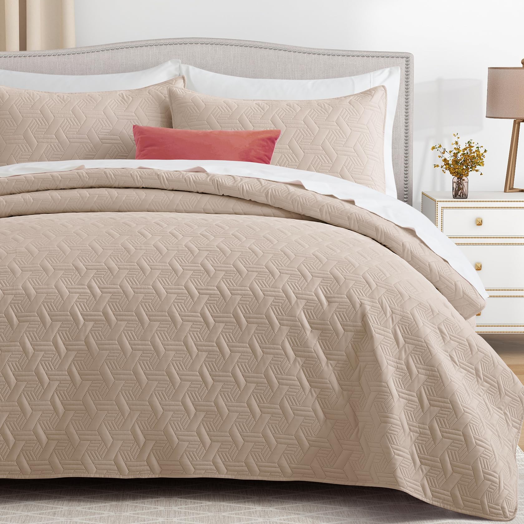 Microfiber Quilted Bedspread Set – Elegant Basket Pattern Ultrasonic Embossing, 3-Piece Soft & Breathable Bedspread Set