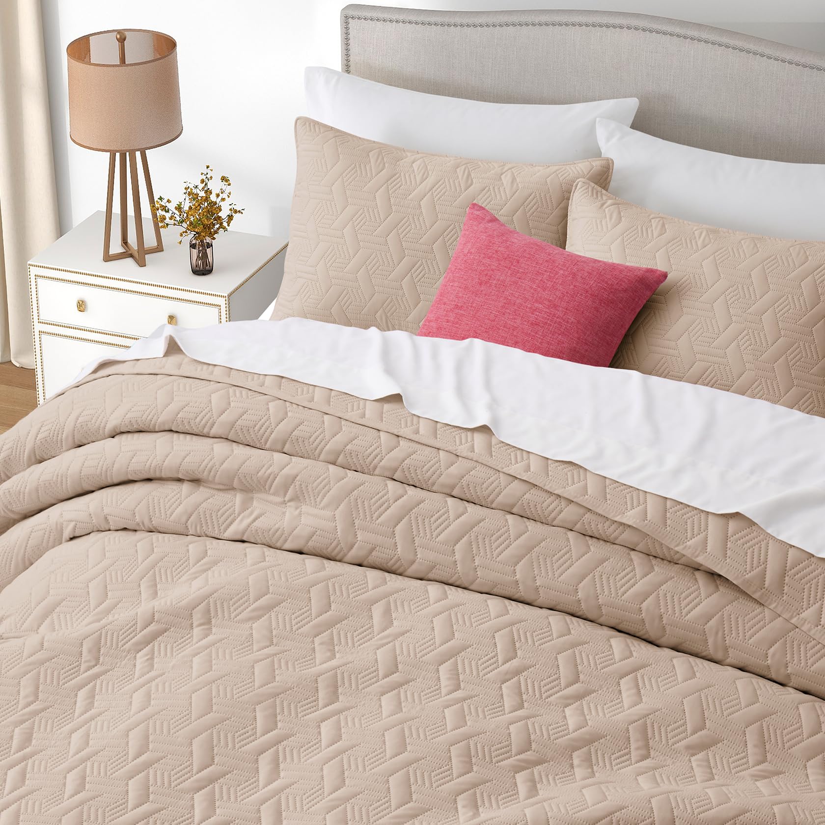 Microfiber Quilted Bedspread Set – Elegant Basket Pattern Ultrasonic Embossing, 3-Piece Soft & Breathable Bedspread Set