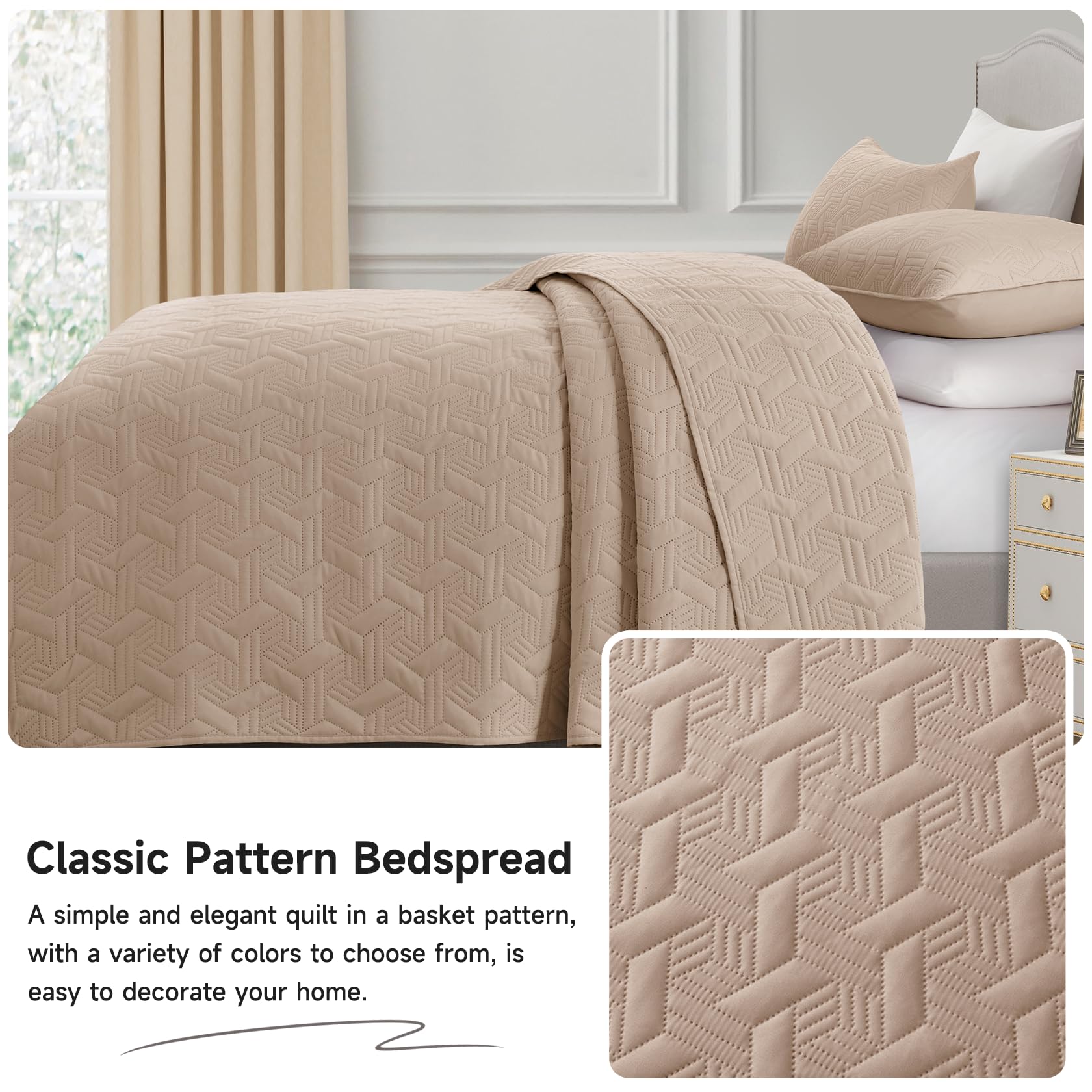 Microfiber Quilted Bedspread Set – Elegant Basket Pattern Ultrasonic Embossing, 3-Piece Soft & Breathable Bedspread Set