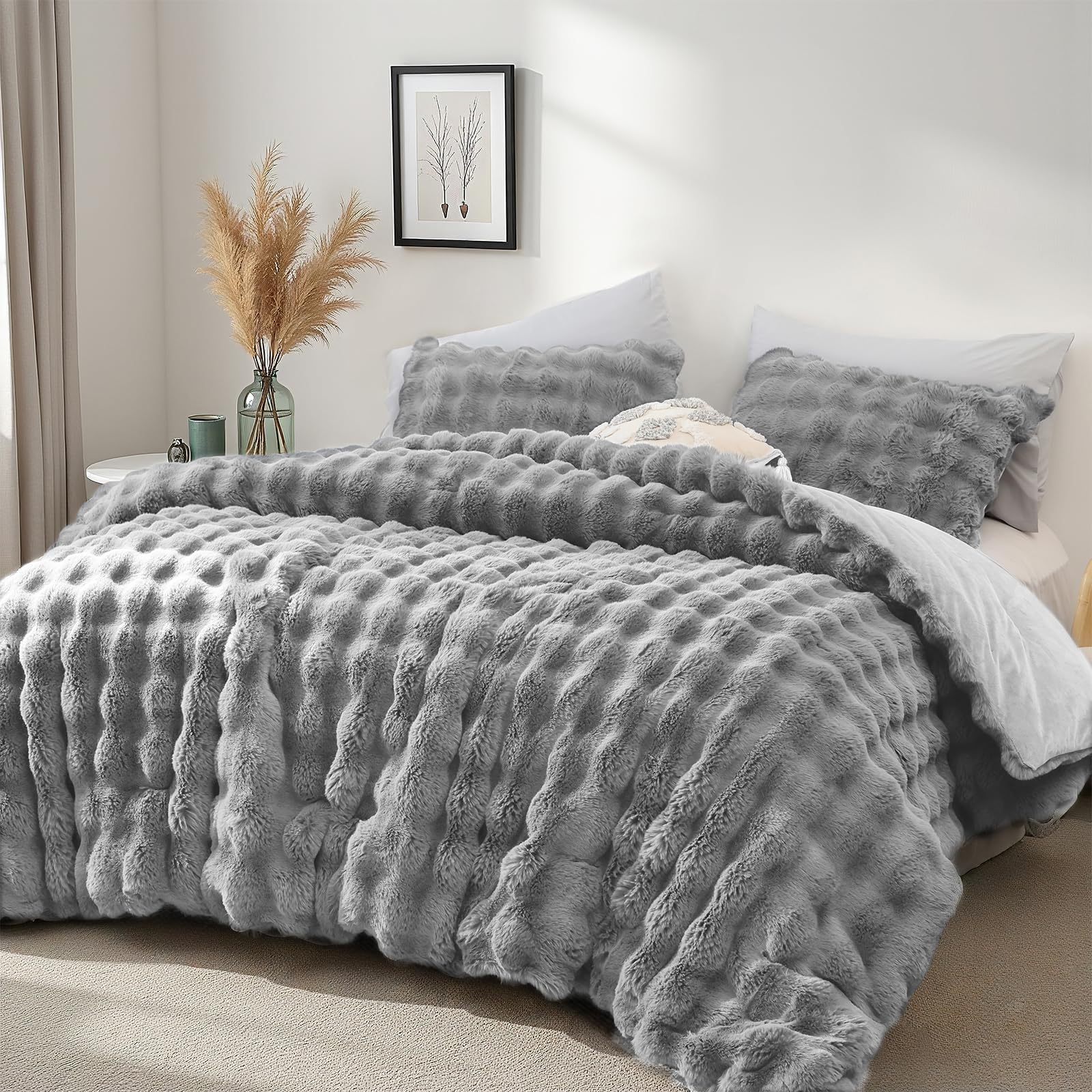 Luxury Faux Rabbit Fur Bubble Comforter Set – Wave Texture Design, Soft & Warm Bedding with Milk Velvet Back